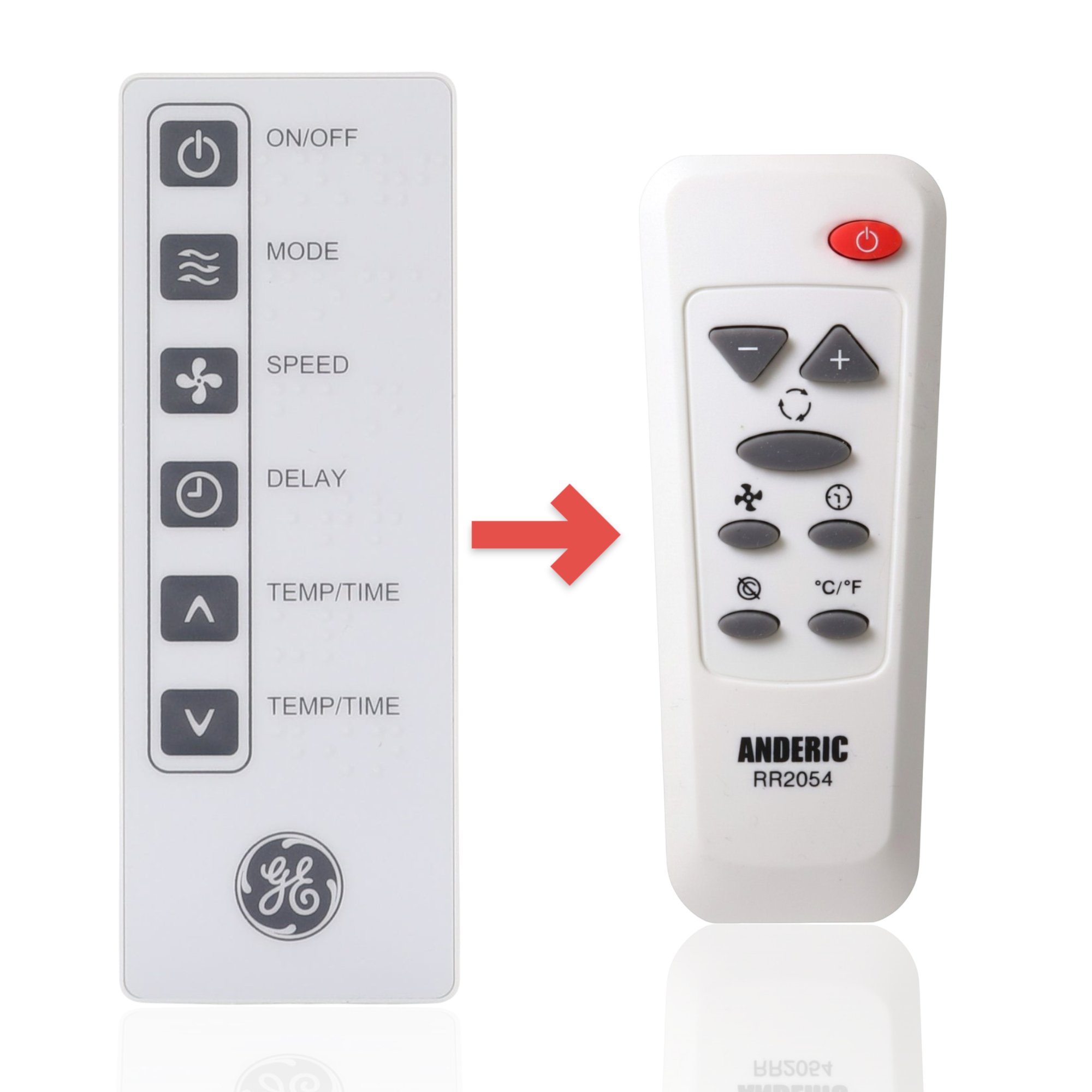 Anderic RR2054 replacement remote control for GE air conditioners showing button layout compared to original