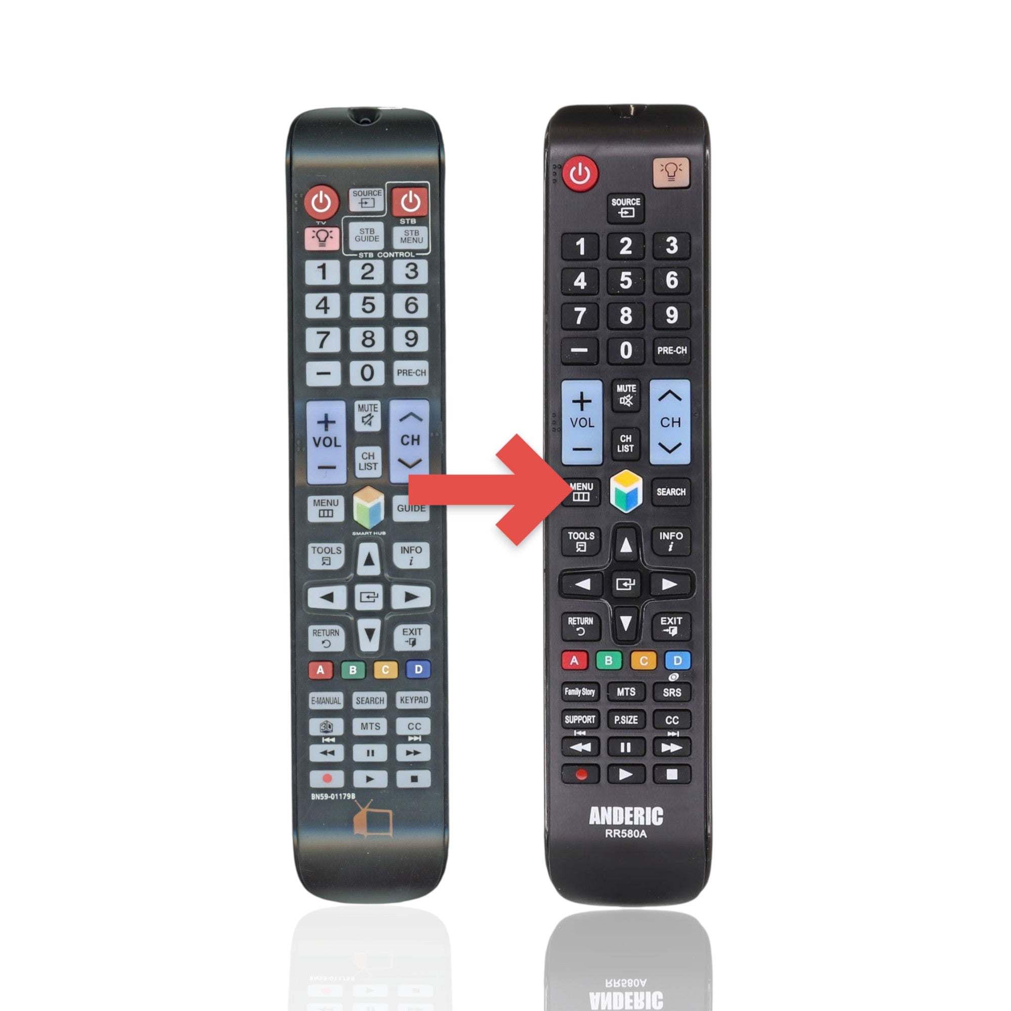 Anderic RR580A black replacement remote control for Samsung TVs with standard button layout and infrared functionality