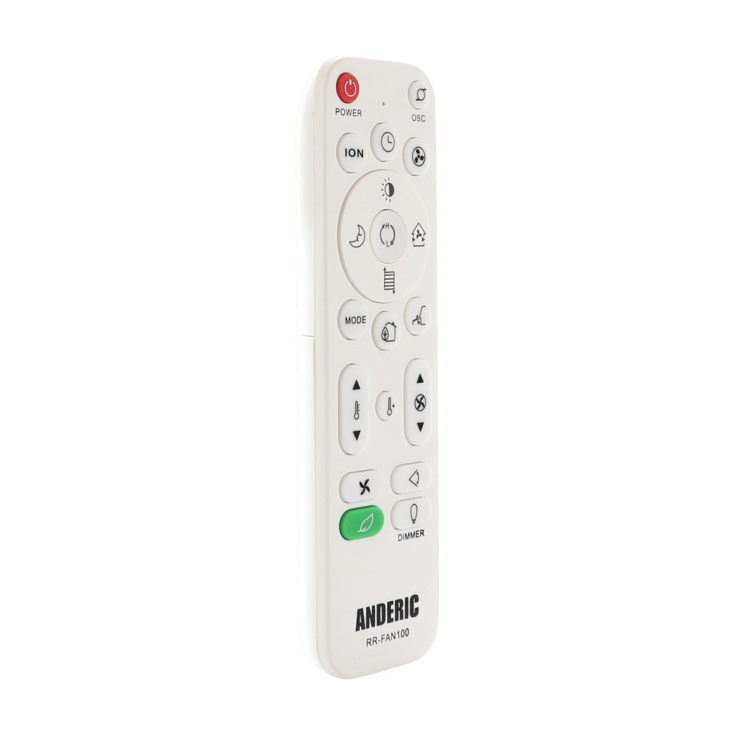 Anderic RRFAN100A white replacement remote control for Lasko ceramic space heaters with power and mode buttons.