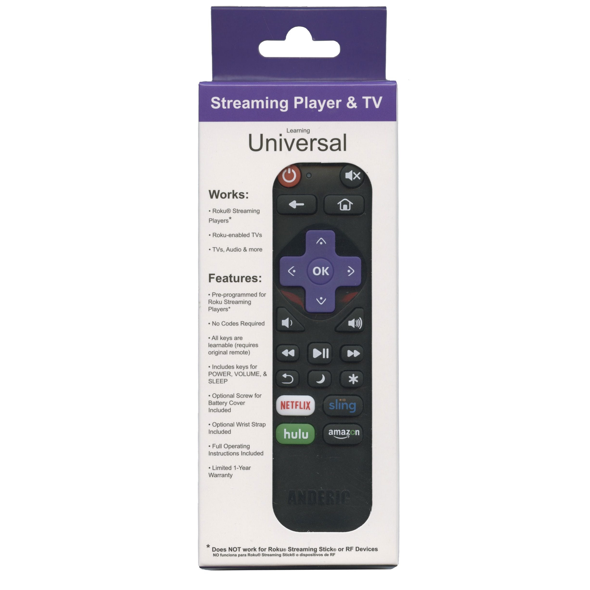 Anderic RRST01 Unviersal Streaming Player and TV Remote Control for Roku Devices