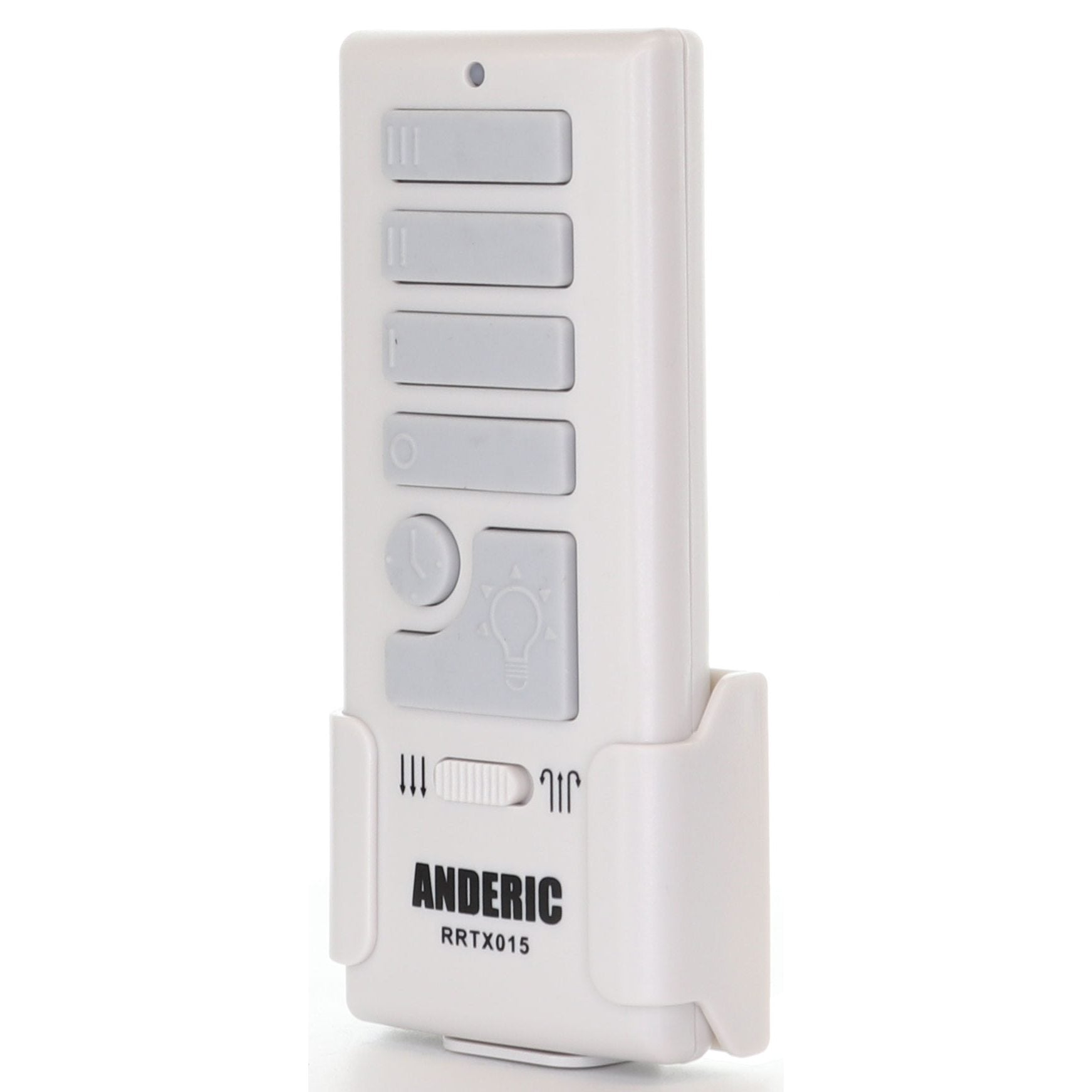 The Anderic A25-TX015A is a white RRTX015 ceiling fan remote for Harbor Breeze fans, featuring five buttons and a light control symbol. It comes with a matching holder for seamless integration and effortless comfort.