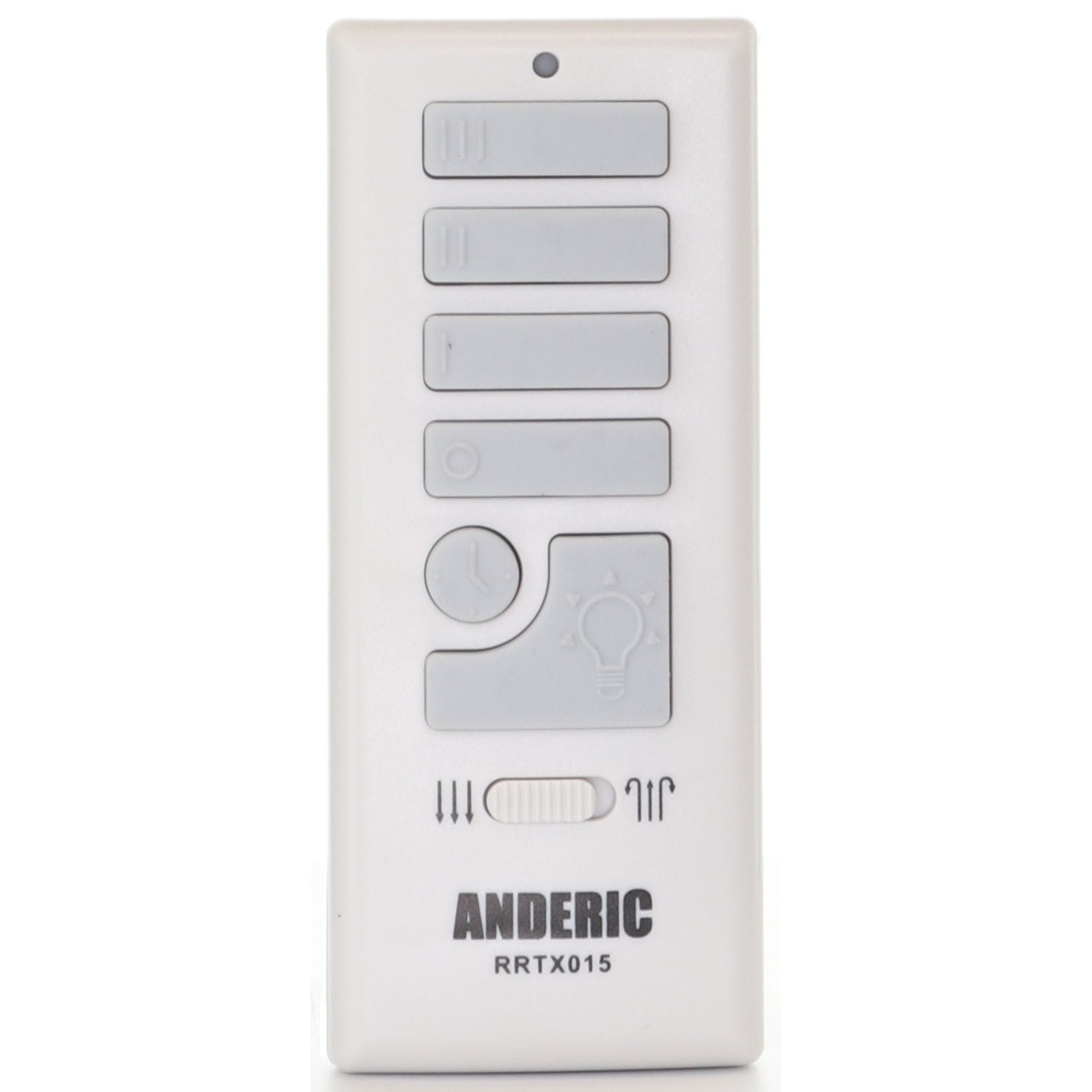 The Anderic A25-TX015A for Harbor Breeze Ceiling Fan Remote Control is white with five gray buttons, a light symbol, and a sliding switch at the bottom, making it perfect as a replacement.