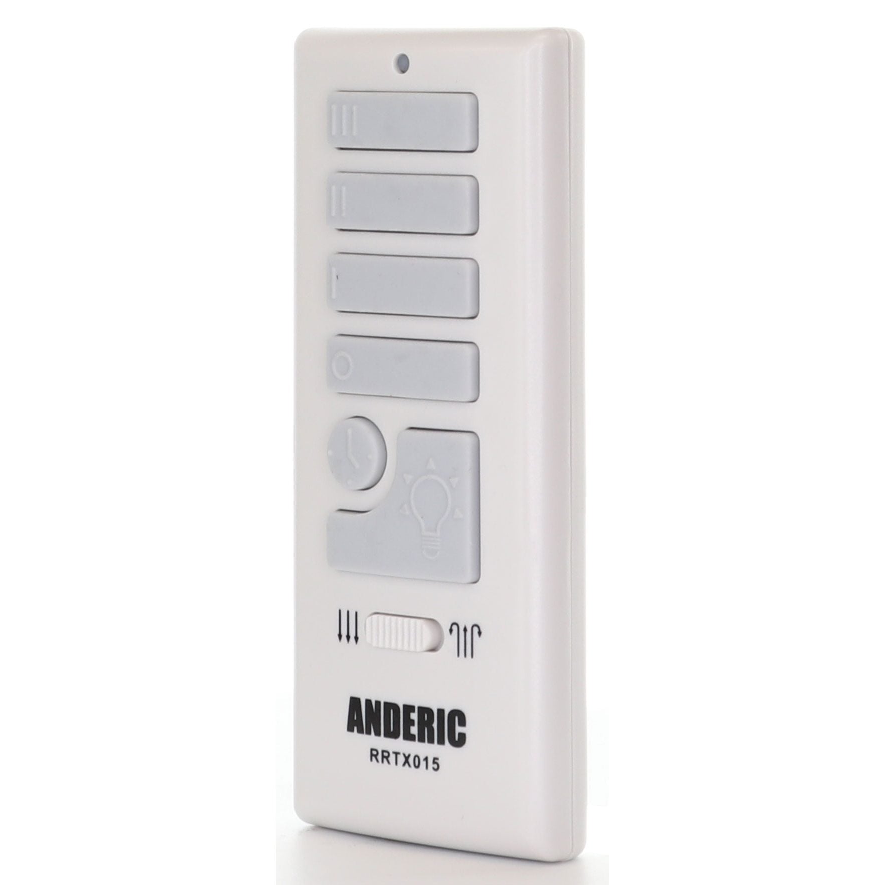 White handheld remote with five grey rectangular buttons, a circular button with a light bulb icon, and a sliding switch at the bottom. The label reads "ANDERIC A25-TX015A," making it an ideal replacement remote for Harbor Breeze ceiling fans.