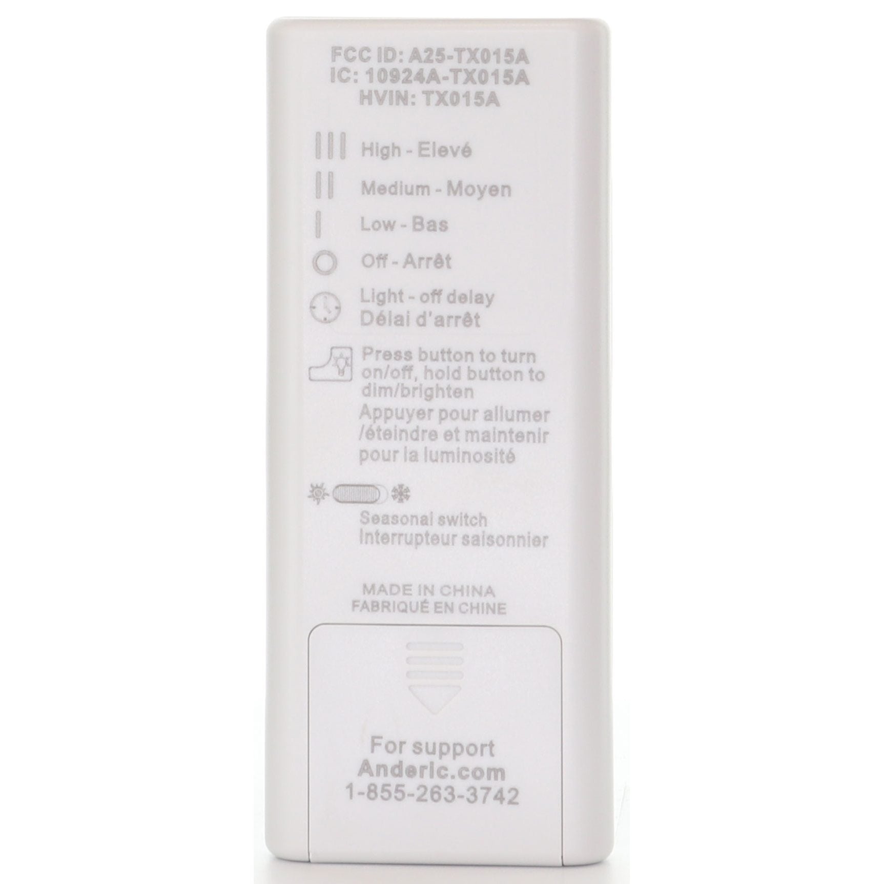 Close-up of the white Anderic A25-TX015A for Harbor Breeze Ceiling Fan Remote Control - RRTX015, showcasing buttons and text in English and French. Includes light modes: High, Medium, Low, and Off. A contact number is printed at the bottom.