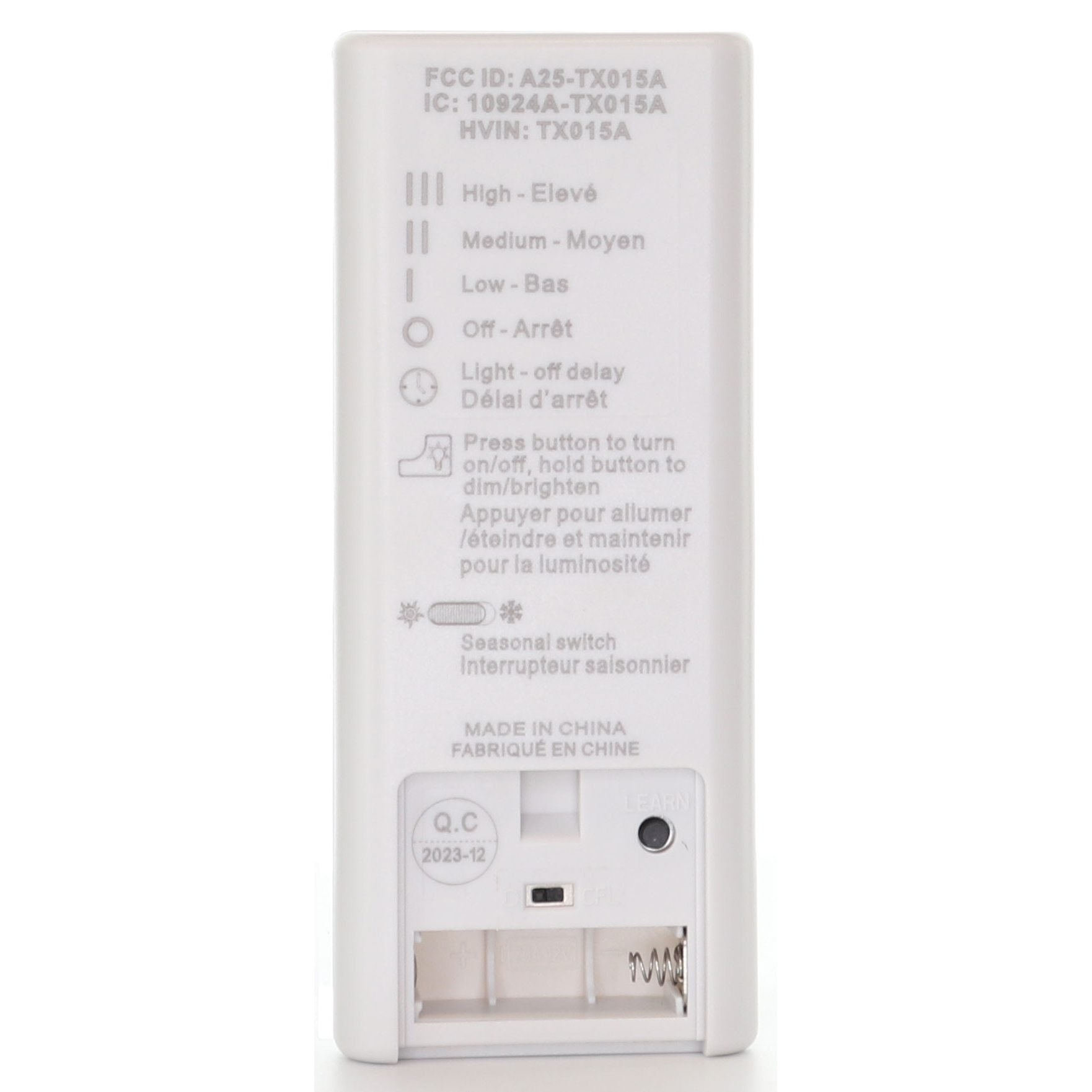The Anderic A25-TX015A for Harbor Breeze Ceiling Fan Remote Control - RRTX015 is a white electronic device with settings "High," "Medium," "Low," and "Off." It's made in China.
