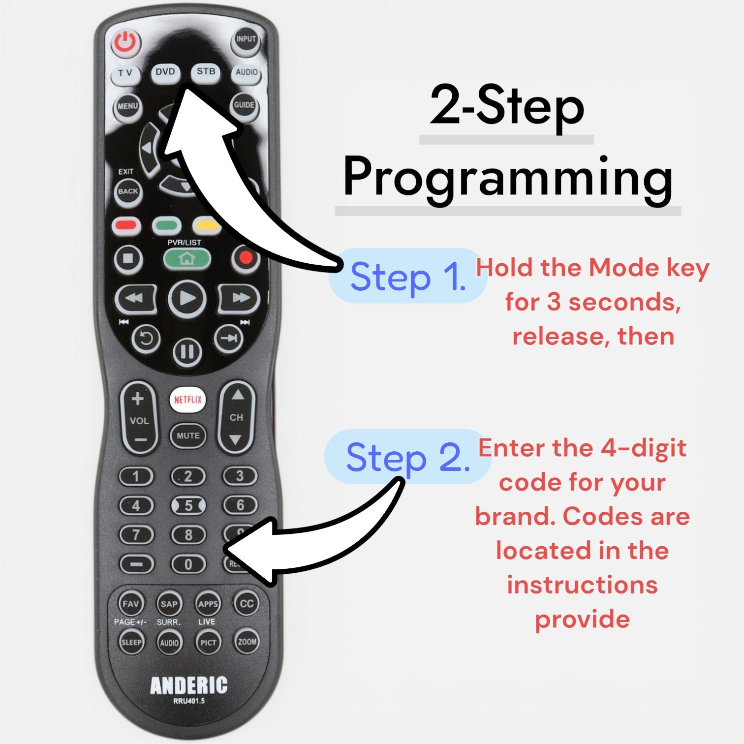 Anderic RRU401.7 4-Device Universal Remote Control with Backlight, Macro and Learning for TV, Cable, Streaming, DVD and more