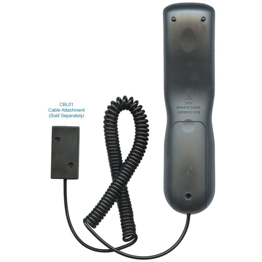 The Anderic RRU401.6 Universal Remote Control features an innovative, smart design with a corded black phone receiver, coiled cable, and rectangular attachment for intuitive use.