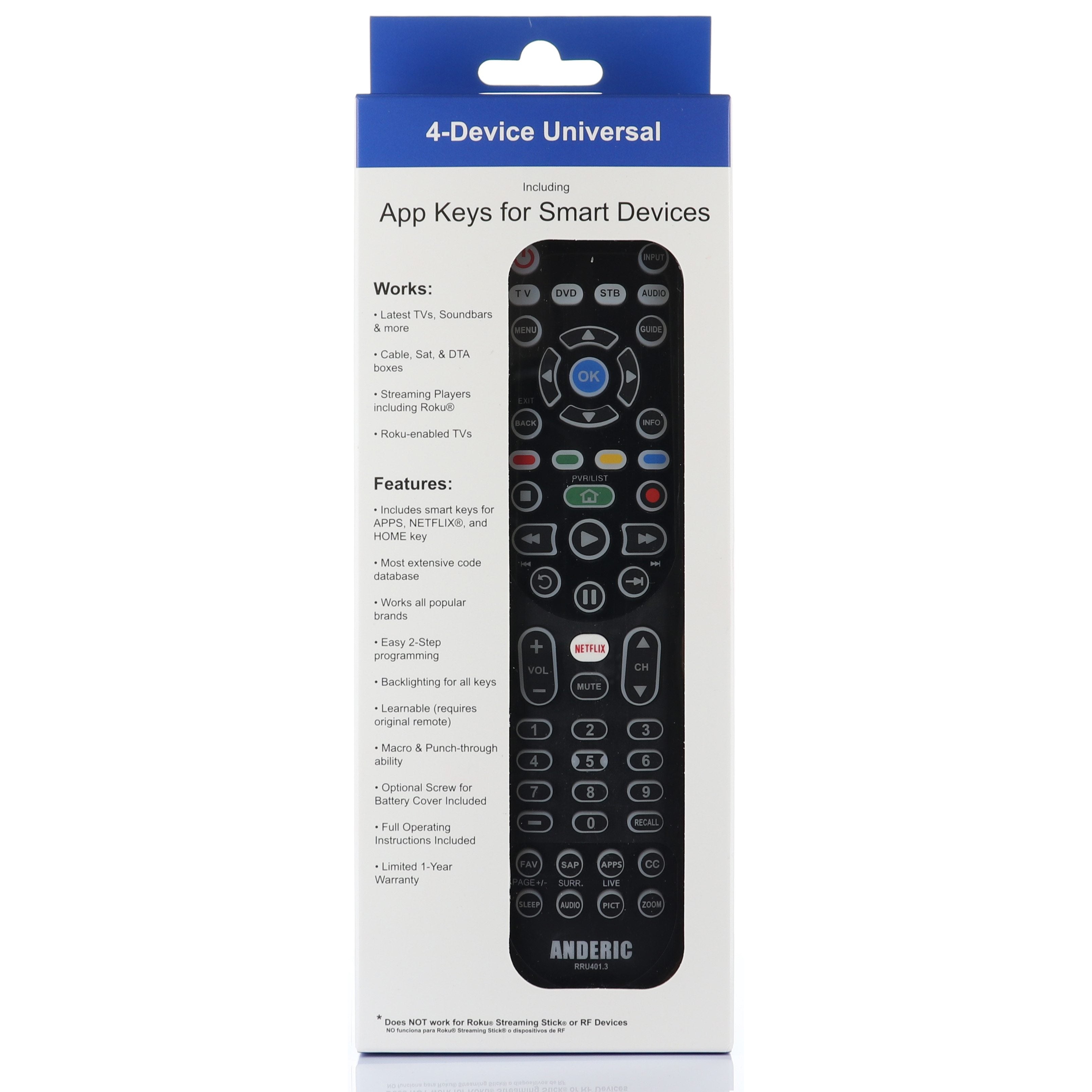 The Anderic RRU401.6 Universal Remote Control packaging showcases the front view, highlighting buttons, smart features, app keys for smart devices, and device compatibility information.