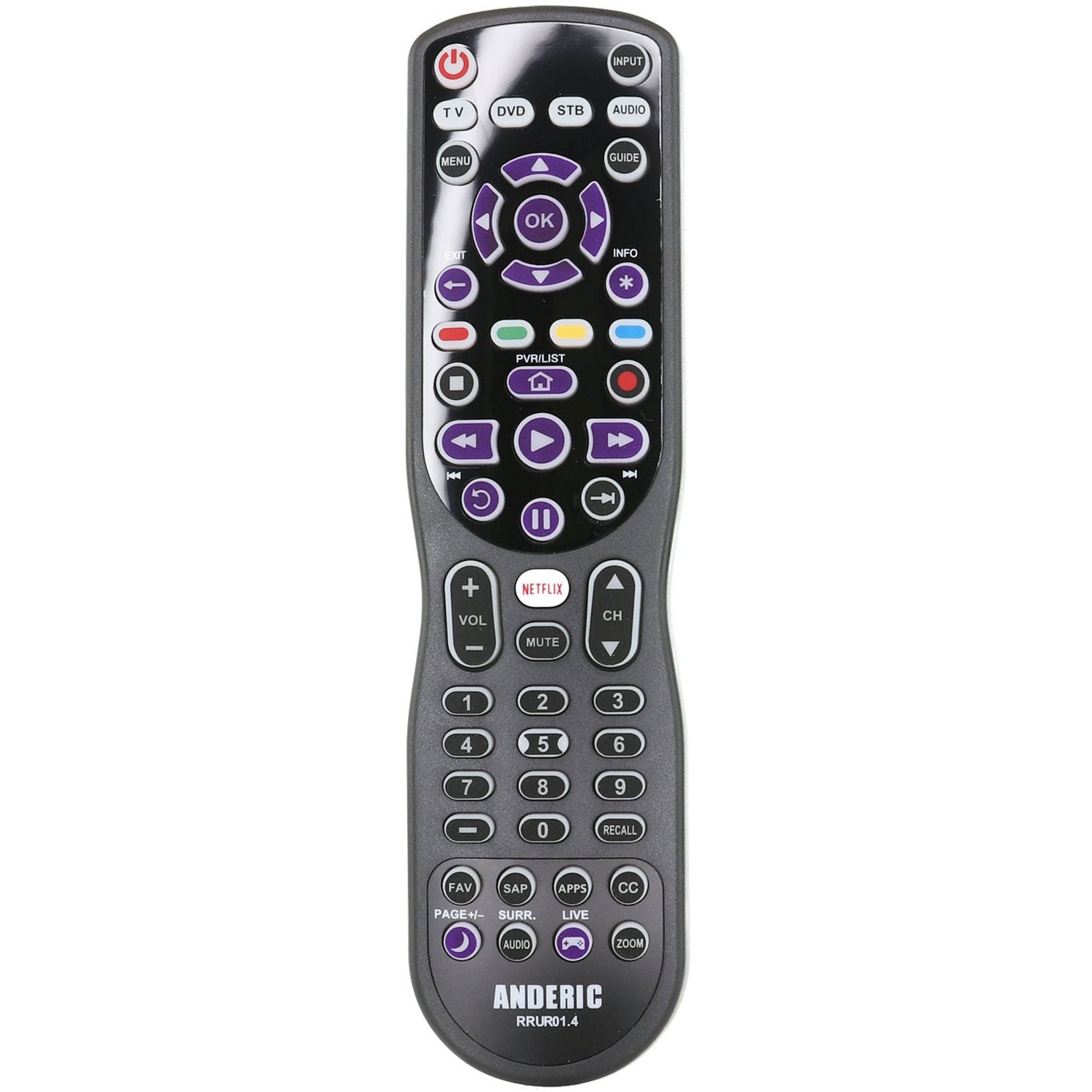 Control Remoto Universal Anderic RRUR01.8 de 4 Dispositivos para Reproductores de Streaming Roku y Televisores Roku con Retroiluminación, Aprendizaje y Macro