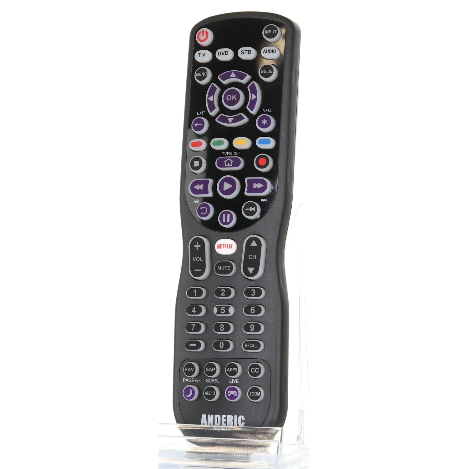 Control Remoto Universal Anderic RRUR01.8 de 4 Dispositivos para Reproductores de Streaming Roku y Televisores Roku con Retroiluminación, Aprendizaje y Macro