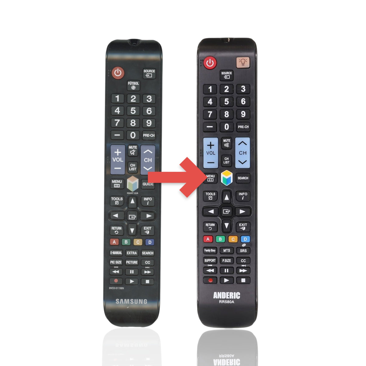 Anderic replacement remote control for Samsung TVs with black casing and standard button layout for essential functions.