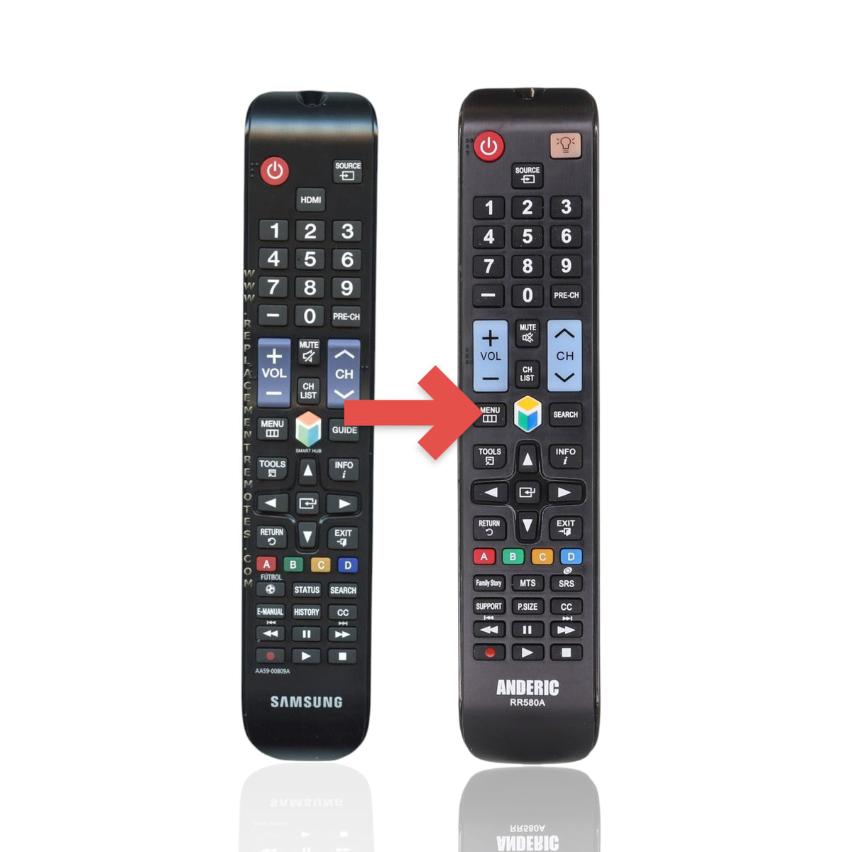 Anderic RR580A replacement remote control for Samsung TVs with black casing and standard button layout