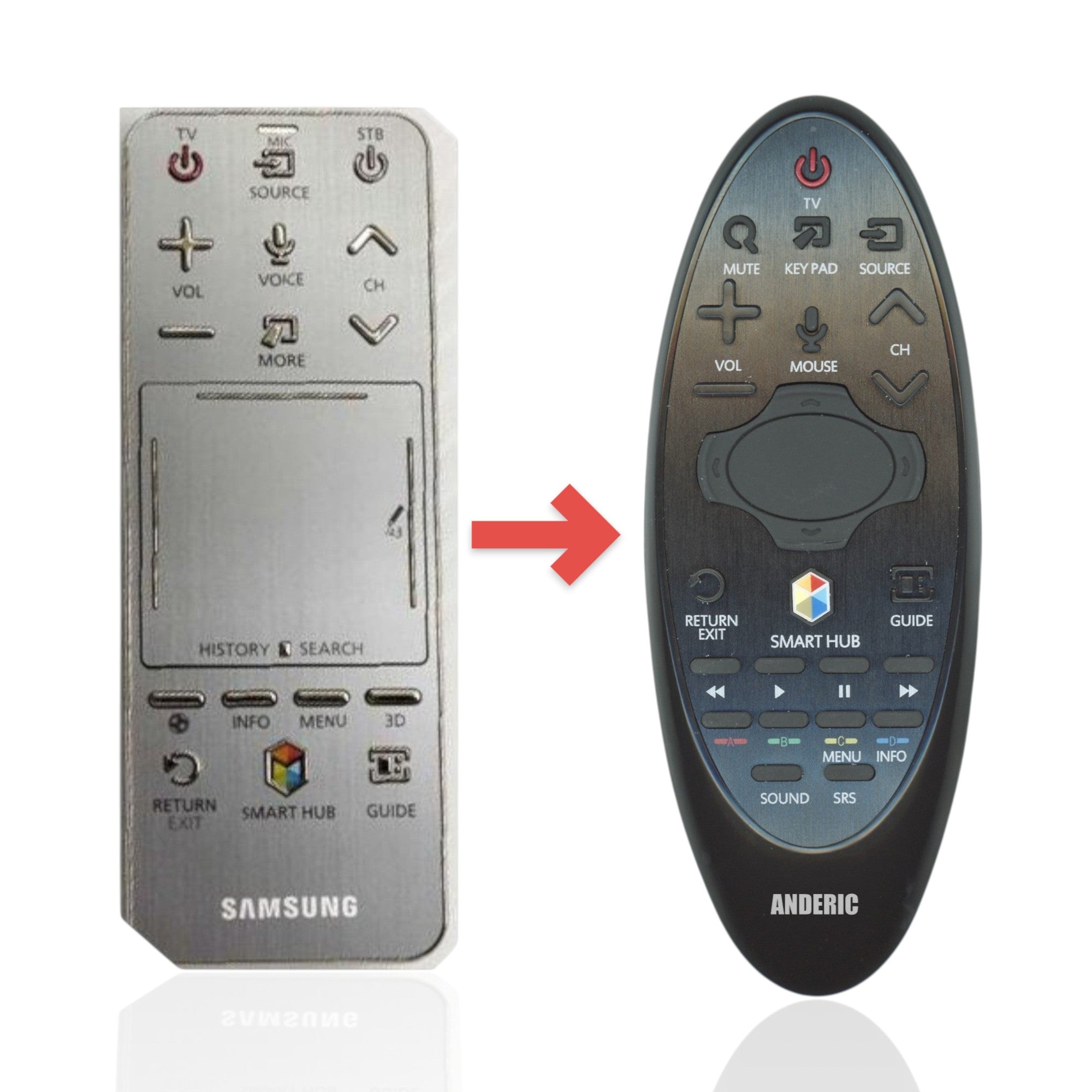 Anderic silver replacement remote control for Samsung Smart TVs with touch pad and smart hub navigation buttons.