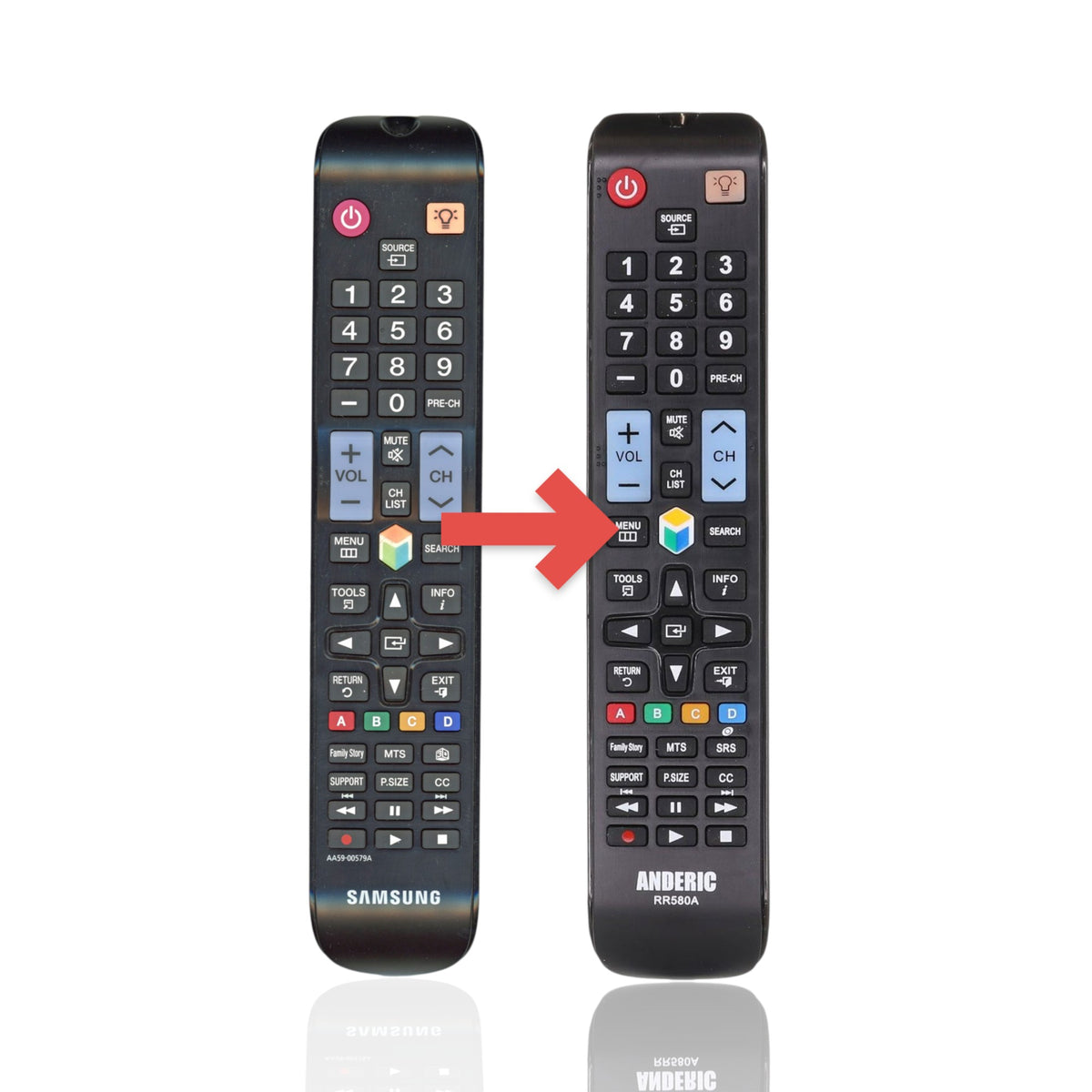 Anderic RR580A replacement remote for Samsung TVs, featuring a black plastic body with standard control buttons.