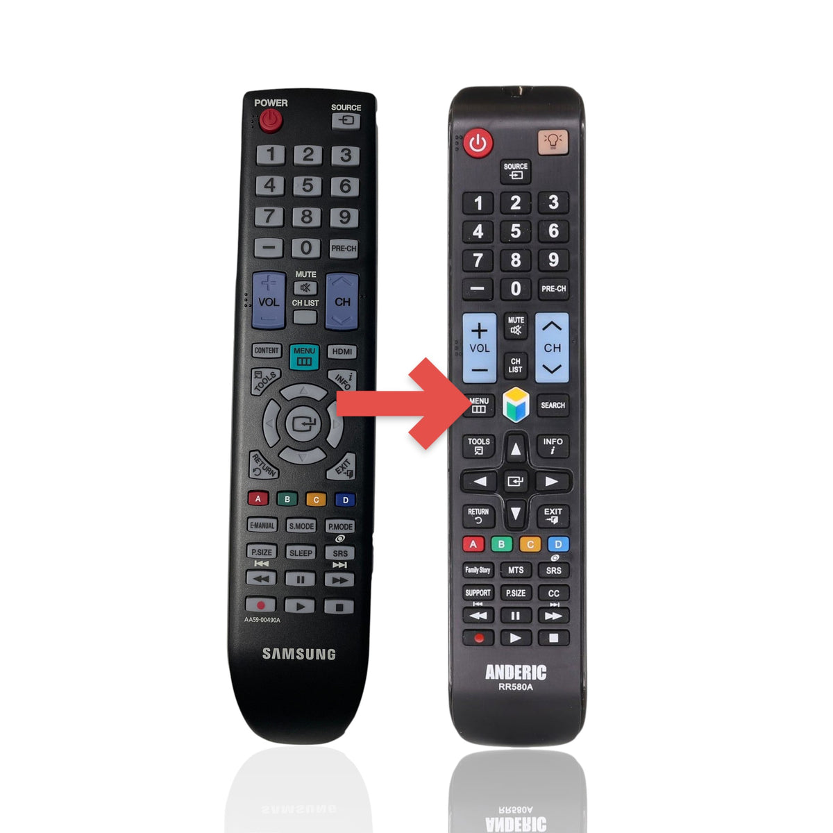 Anderic RR580A replacement remote control for Samsung TVs with a black plastic body and standard button layout.