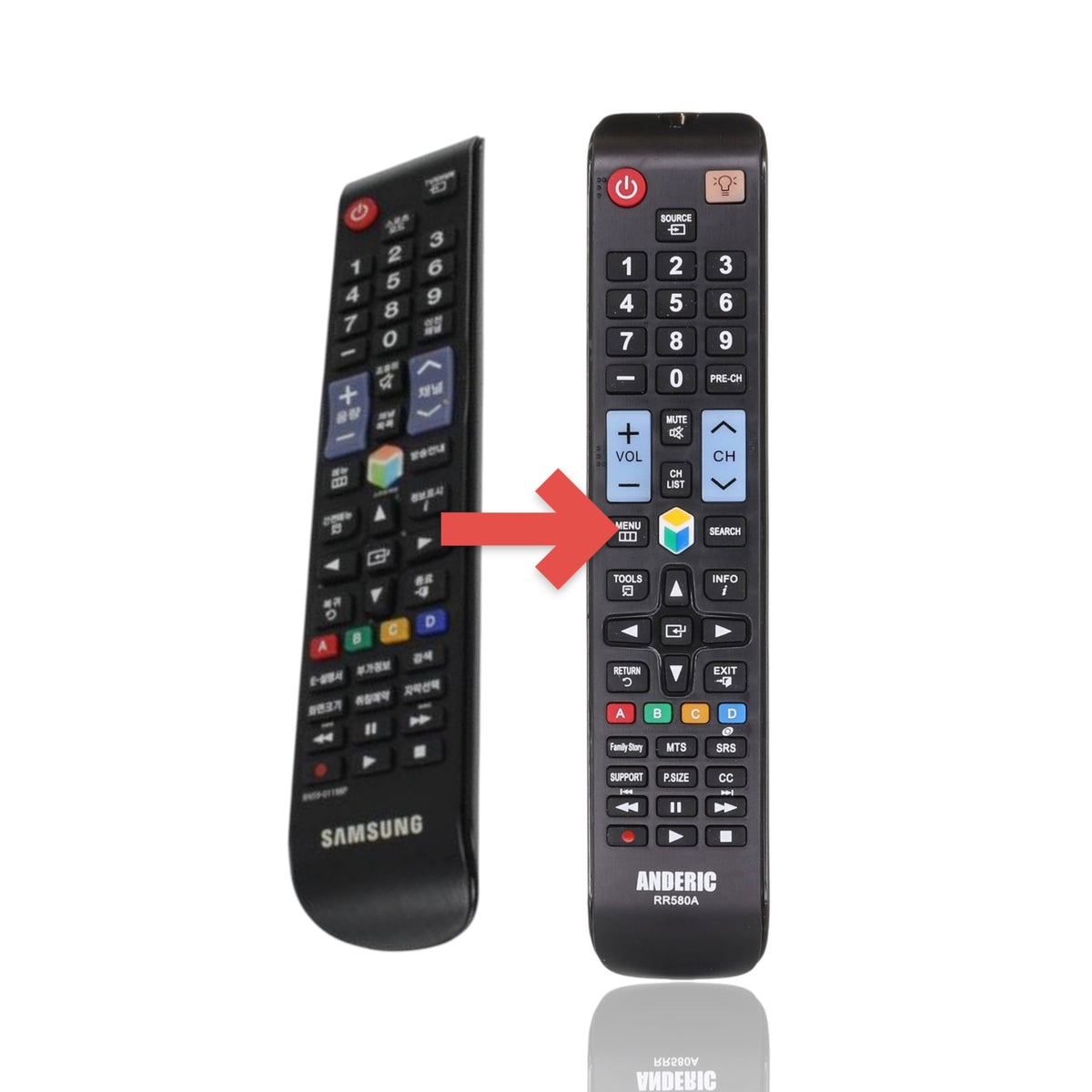 Anderic replacement TV remote for Samsung BN59-01198P, featuring a black plastic design with standard control buttons.