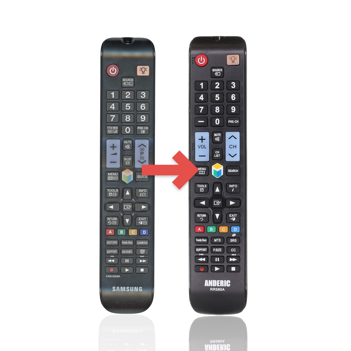 Anderic RR580A replacement remote control for Samsung TVs with a black finish and standard button layout.