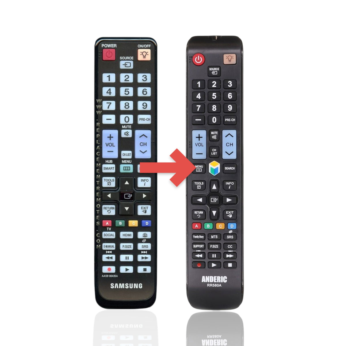 Anderic RR580A replacement remote control for Samsung TVs featuring a black plastic body and standard button layout.