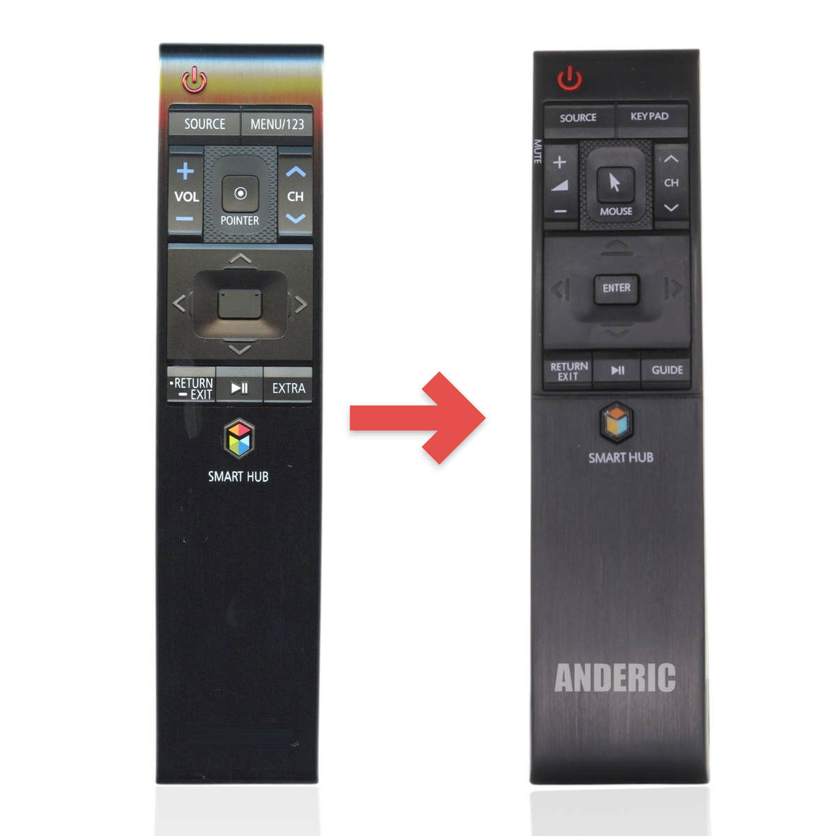 Anderic replacement RF smart TV remote for Samsung with ergonomic button layout and dedicated Smart Hub button