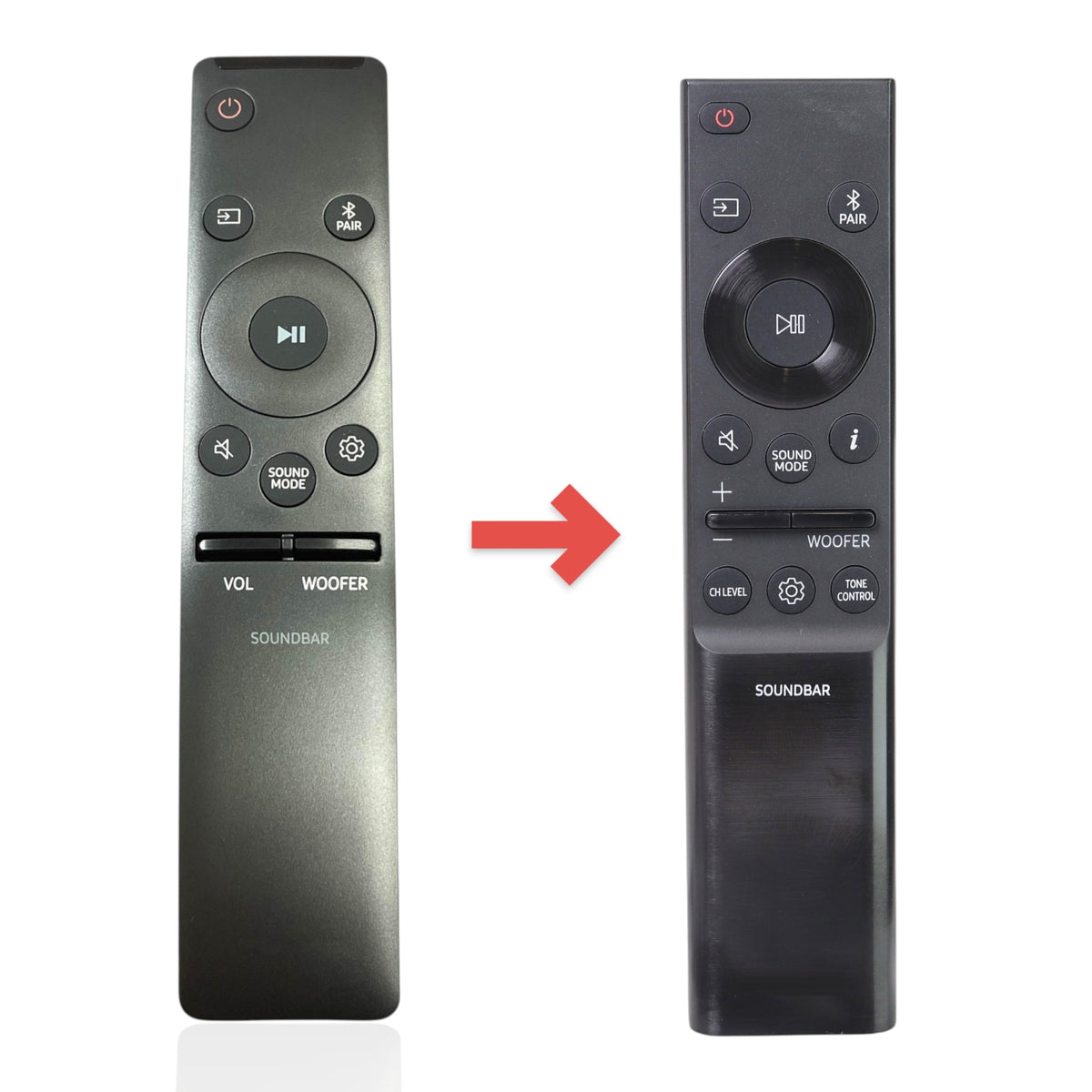 Anderic replacement remote control for Samsung sound bars showing original and new AH81-15340A models side by side.