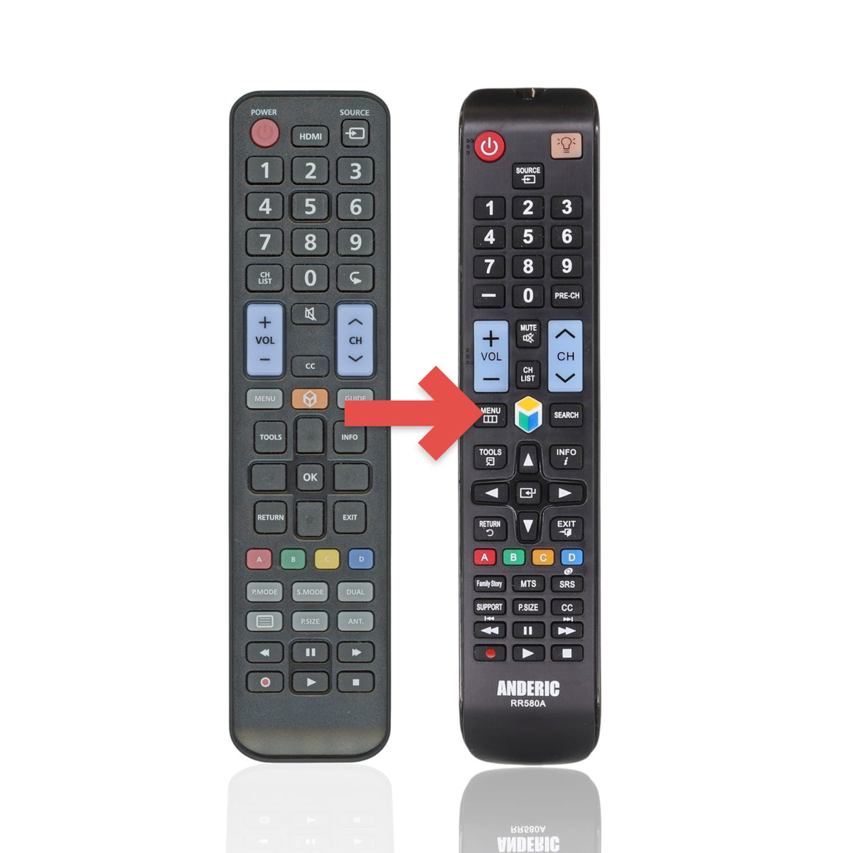 Anderic RR580A replacement remote control for Samsung TVs with a black plastic body and standard button layout.