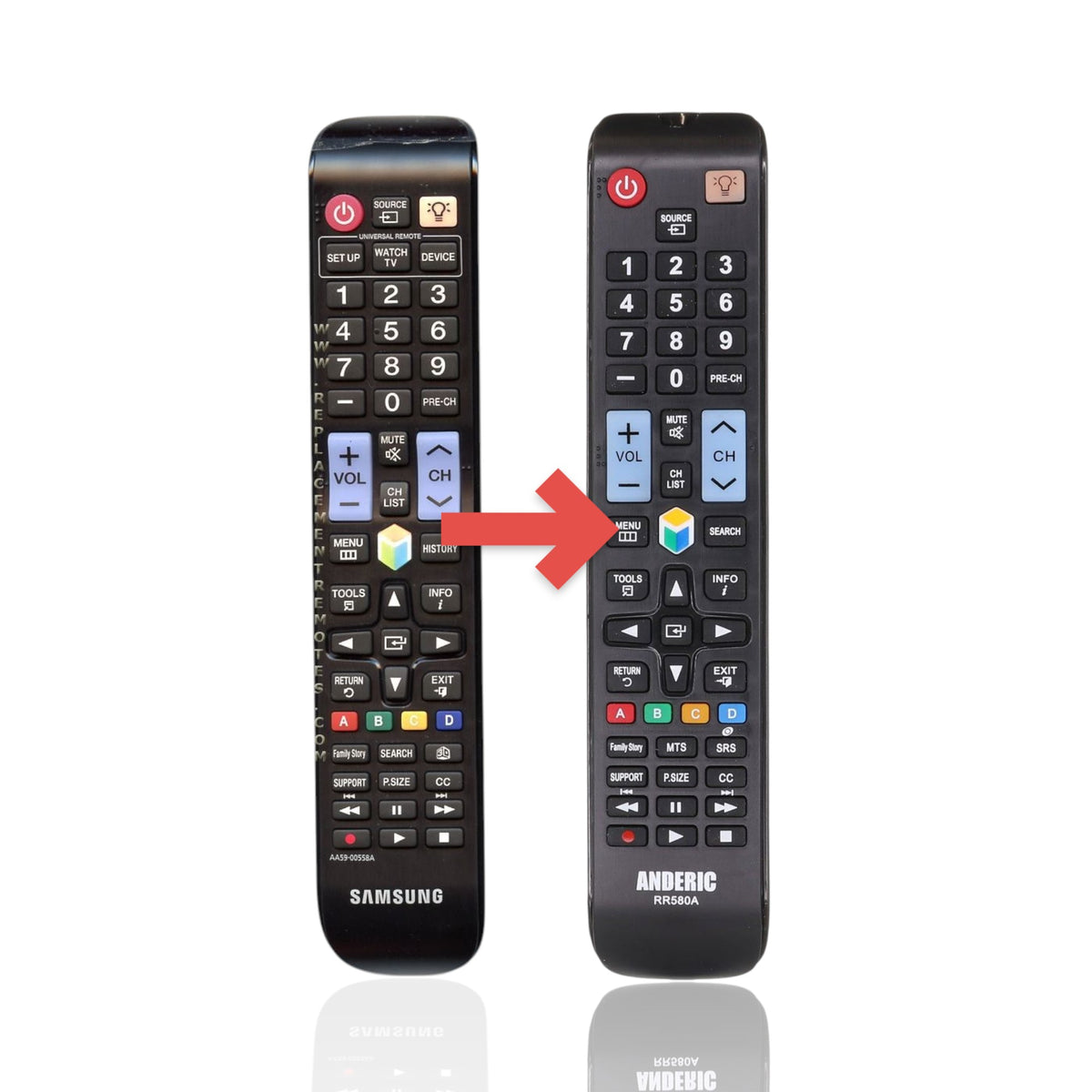 Anderic replacement black TV remote for Samsung AA59-00558A with standard button layout and infrared control.