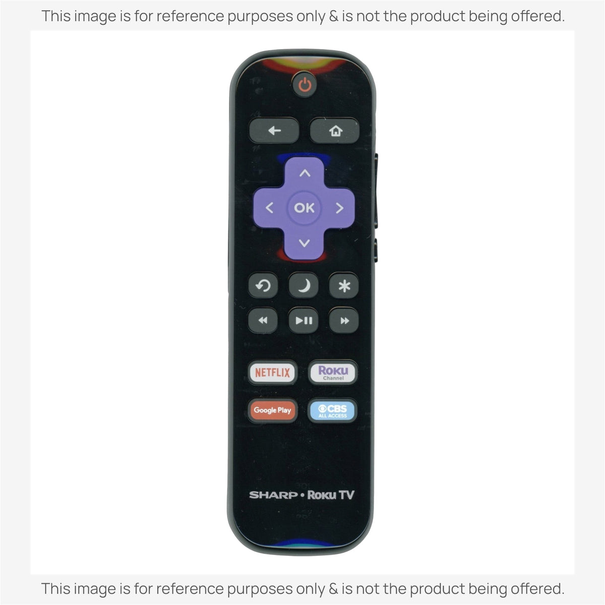 Anderic RRLC16 black replacement remote control for Sharp Roku TV with purple navigation pad and streaming buttons.