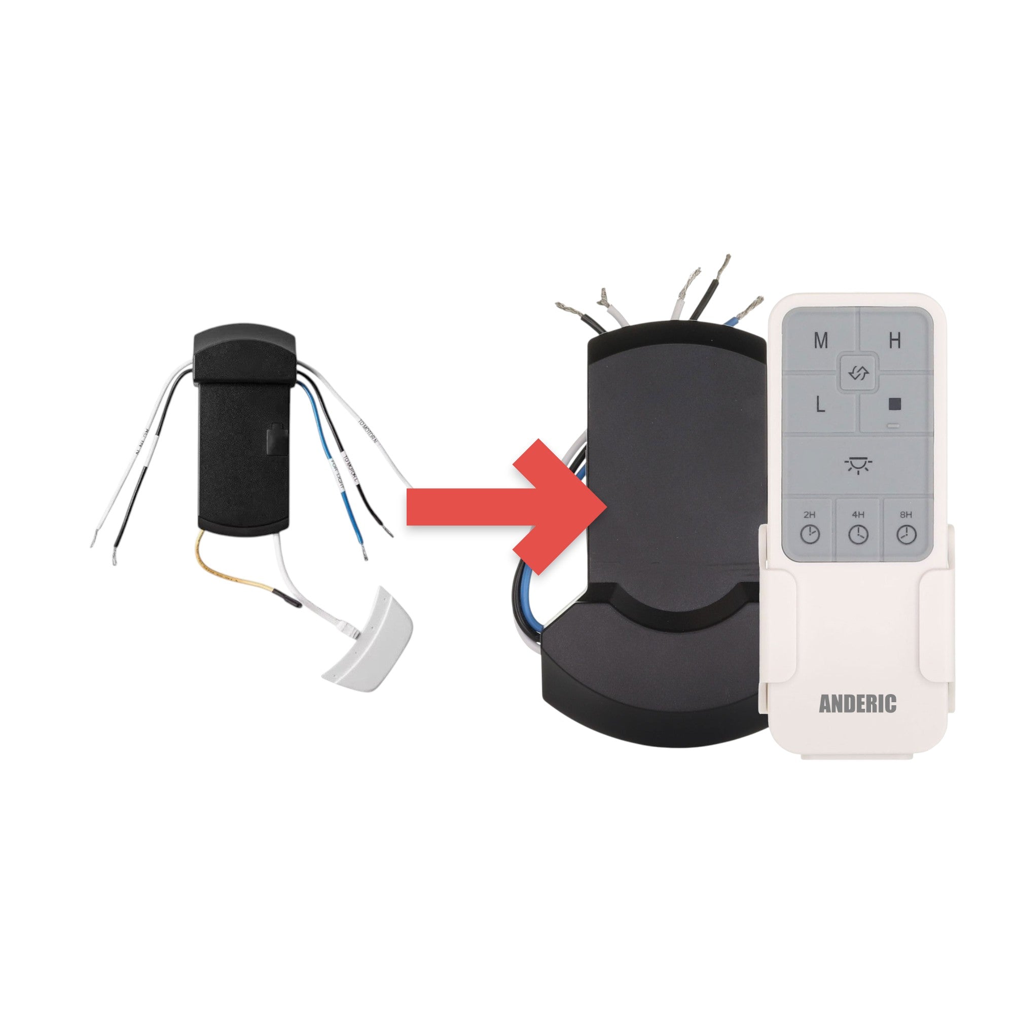 Anderic universal smart Wi-Fi ceiling fan remote control receiver kit with wiring for 4-speed fan operation.