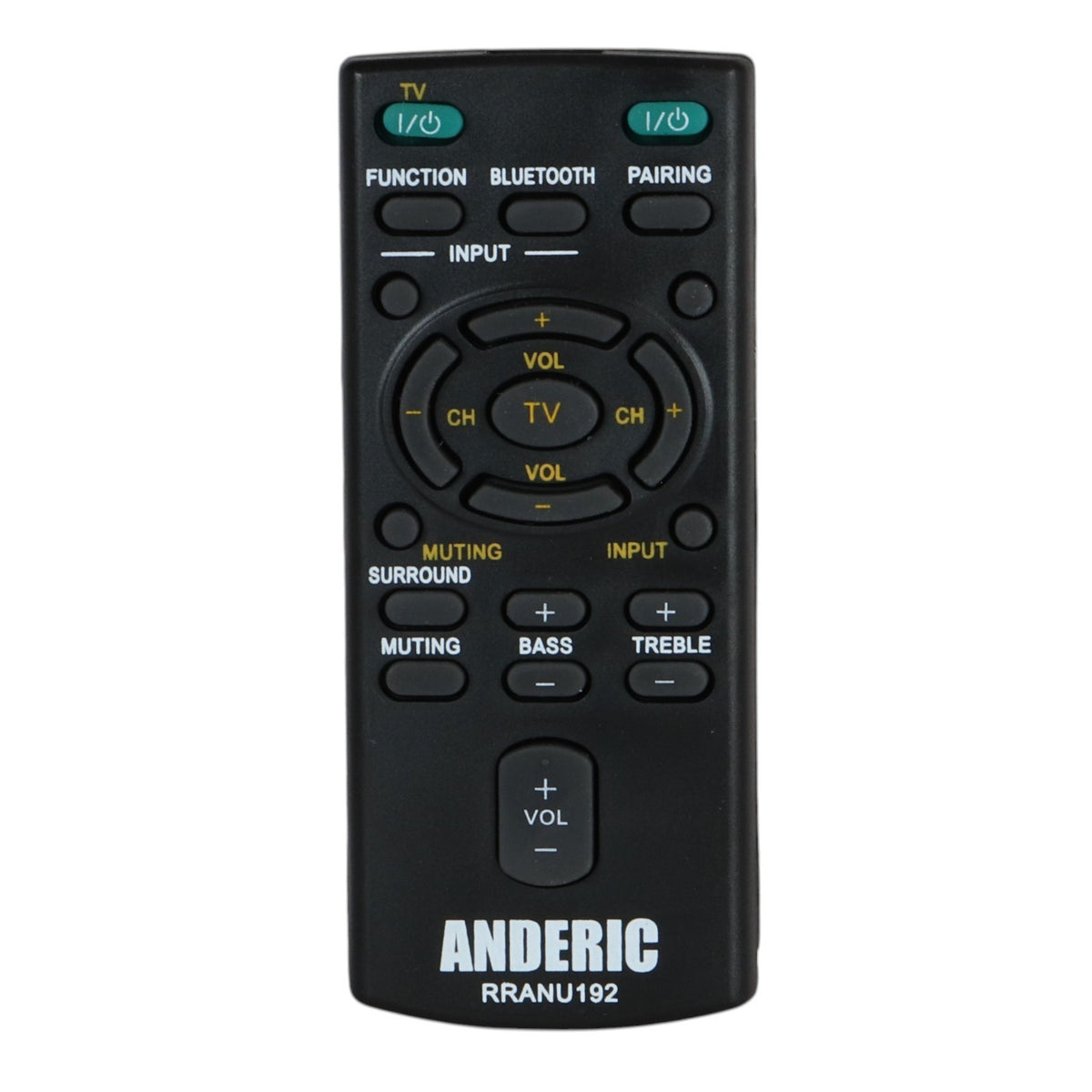 Anderic black replacement remote control for Sony audio systems with volume, surround, and Bluetooth buttons.