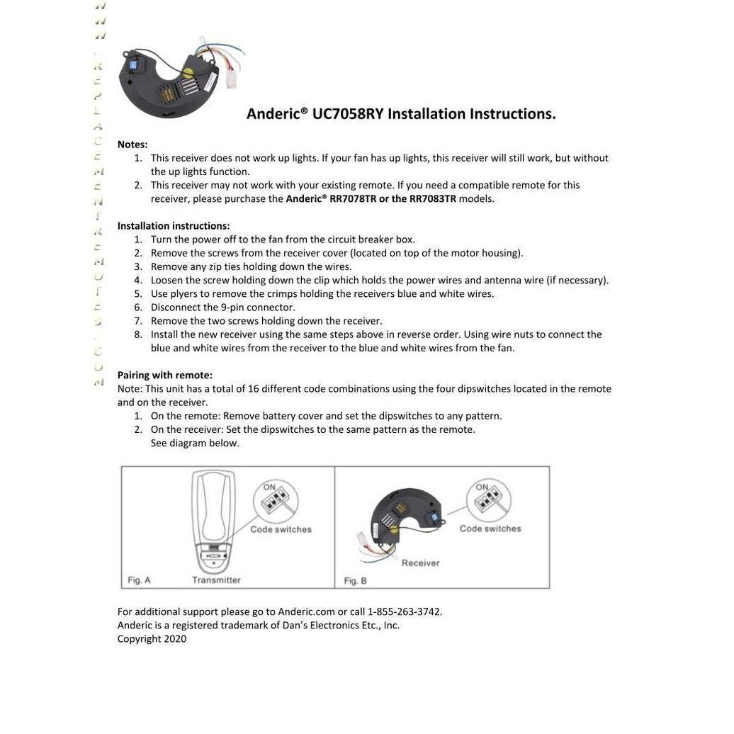 Installation instructions for the Anderic UC7058RY Receiver with RR7078TR Remote Replacement Ceiling Fan Remote Control Kit show the receiver, remote, and Windward II fan setup steps. Includes pairing details, contact info, and images of the receiver and guide.