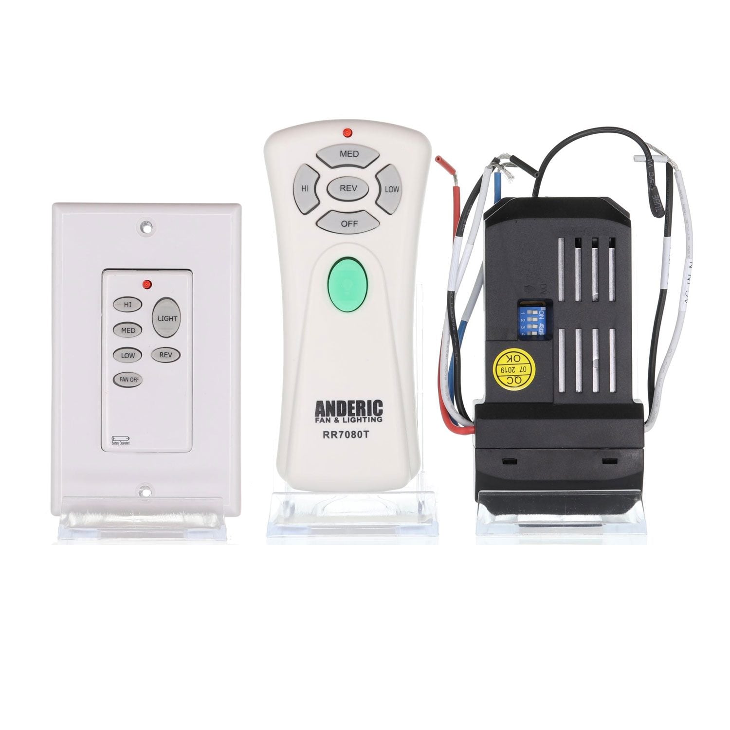 The Anderic Universal 3-Speed Ceiling Fan Remote Control Kit (UnvwallKit001) includes a wall-mounted remote, a handheld remote, and a black receiver for managing ceiling fan and lighting systems.