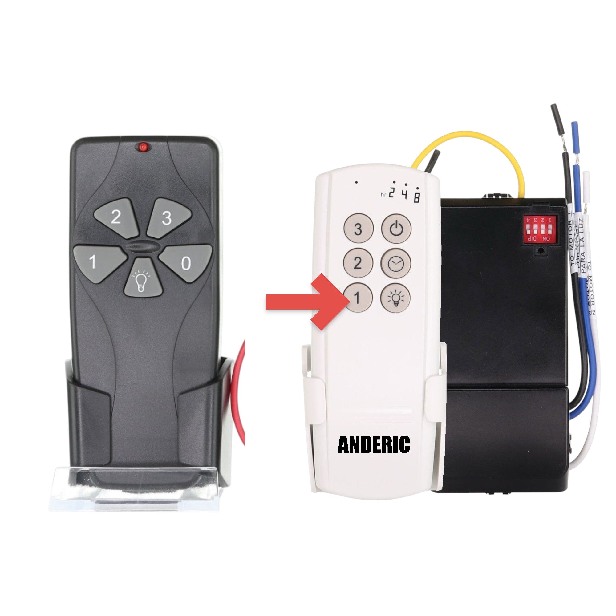 Anderic universal ceiling fan remote control kit with black handheld transmitter, wall mount, and compact receiver.