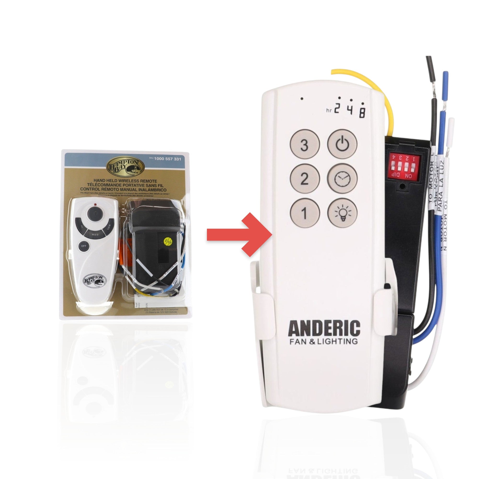 Anderic universal 3-speed ceiling fan remote control kit with white handheld transmitter and black receiver unit.