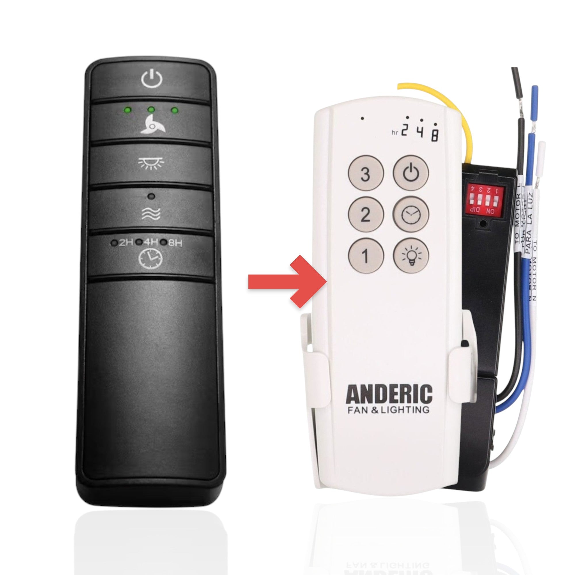 Anderic universal ceiling fan remote control in black with 3-speed settings, light dimming, and timer buttons.