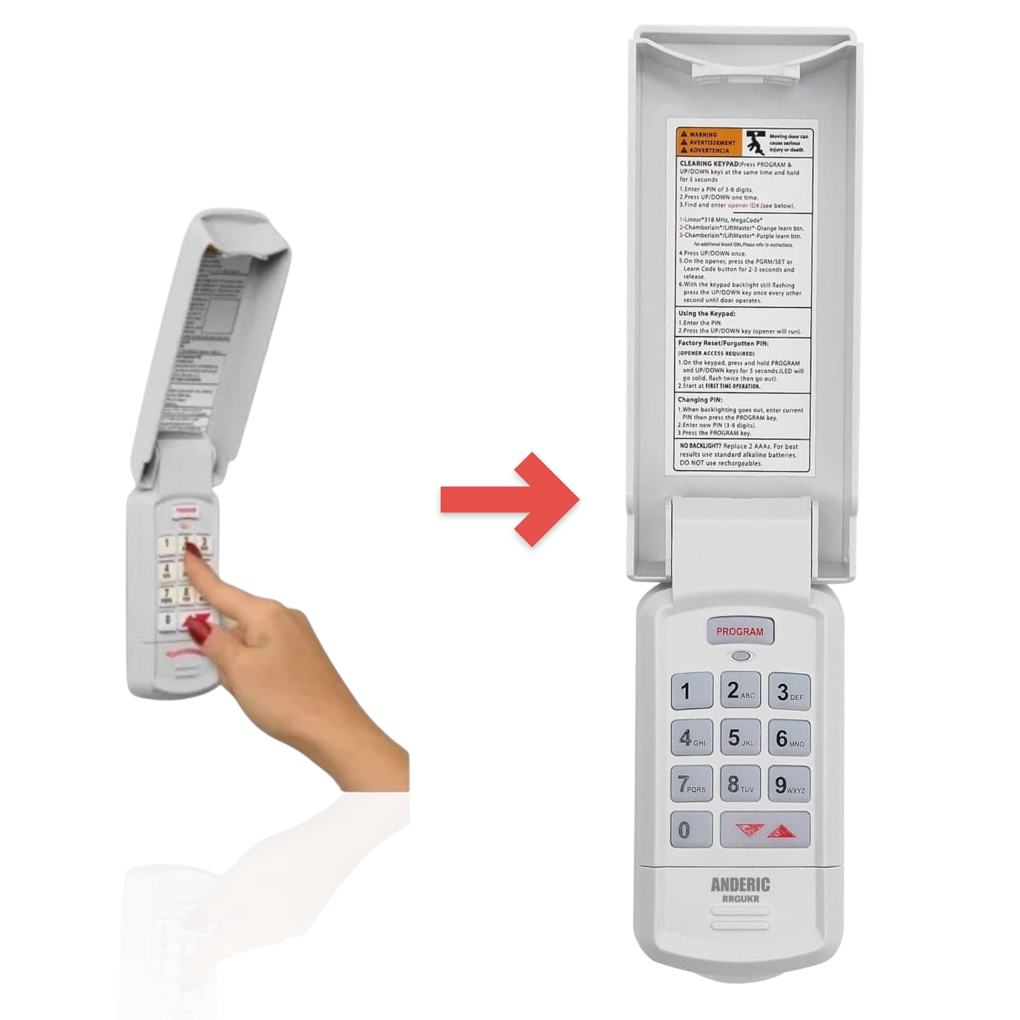 Anderic GUK-R universal wireless garage door keypad with a protective cover being operated by a hand.