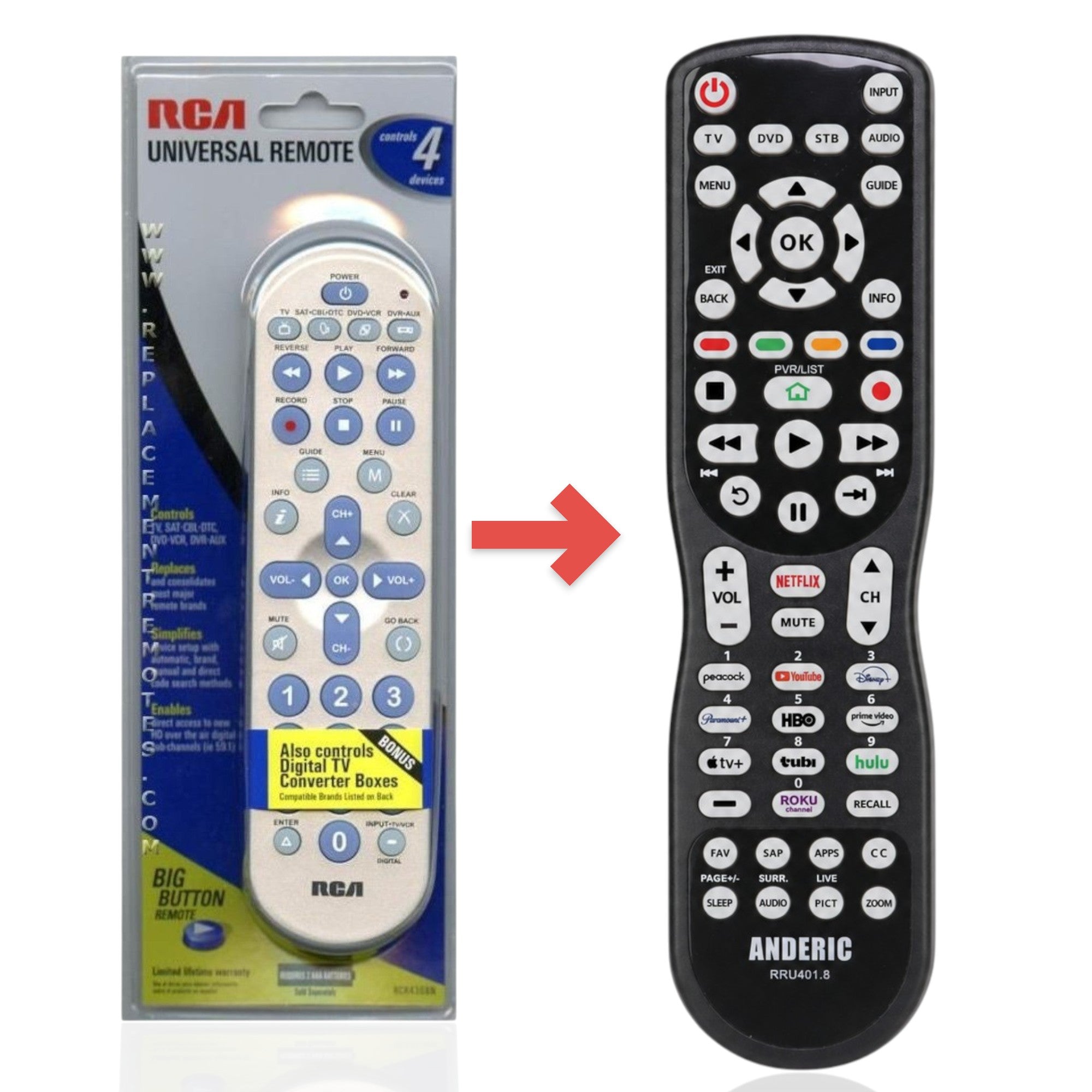 Anderic 4-device universal remote control in silver with large translucent rubber buttons in original packaging
