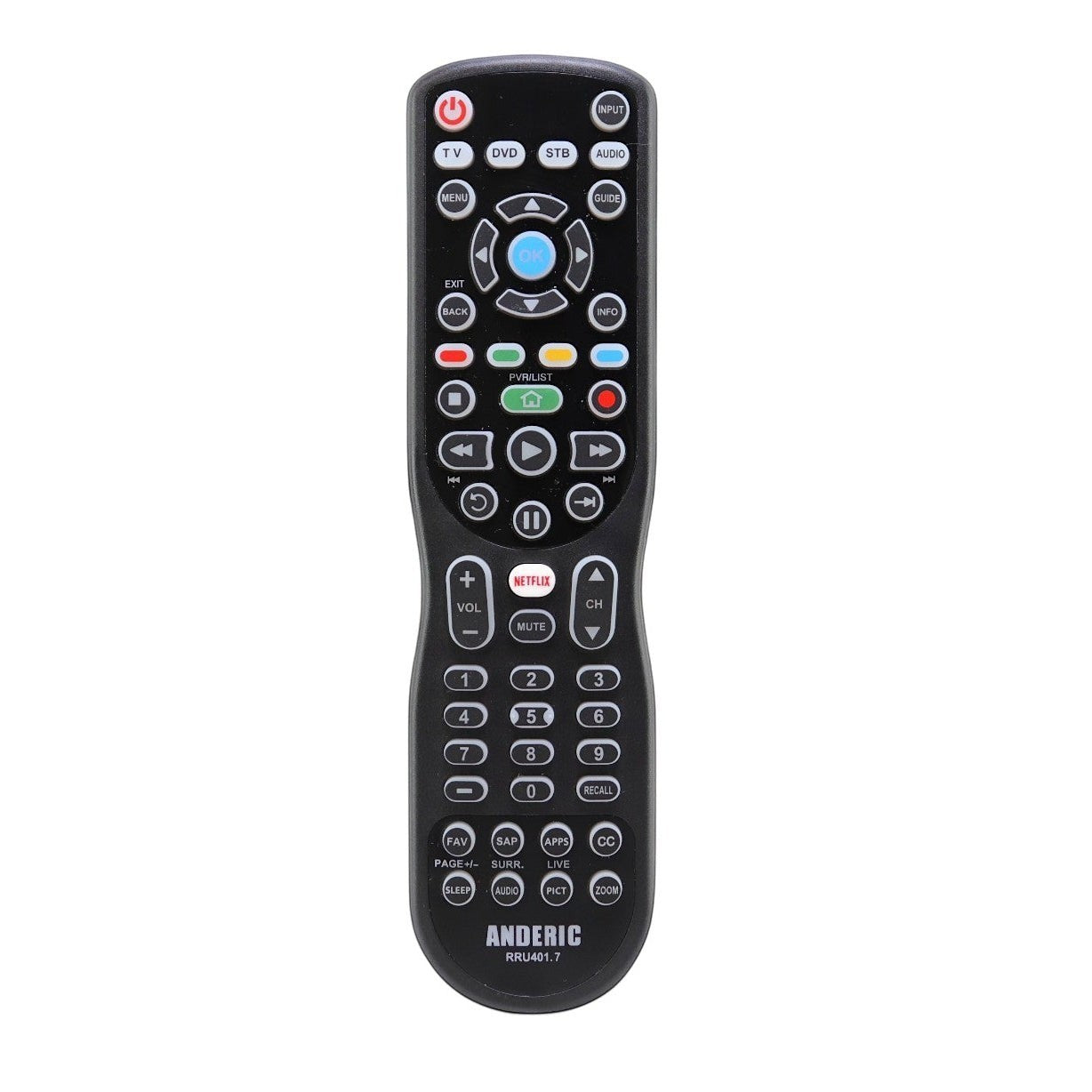 Anderic RRU401.7 universal remote control with glow-in-the-dark buttons, Netflix button, and numeric keypad.