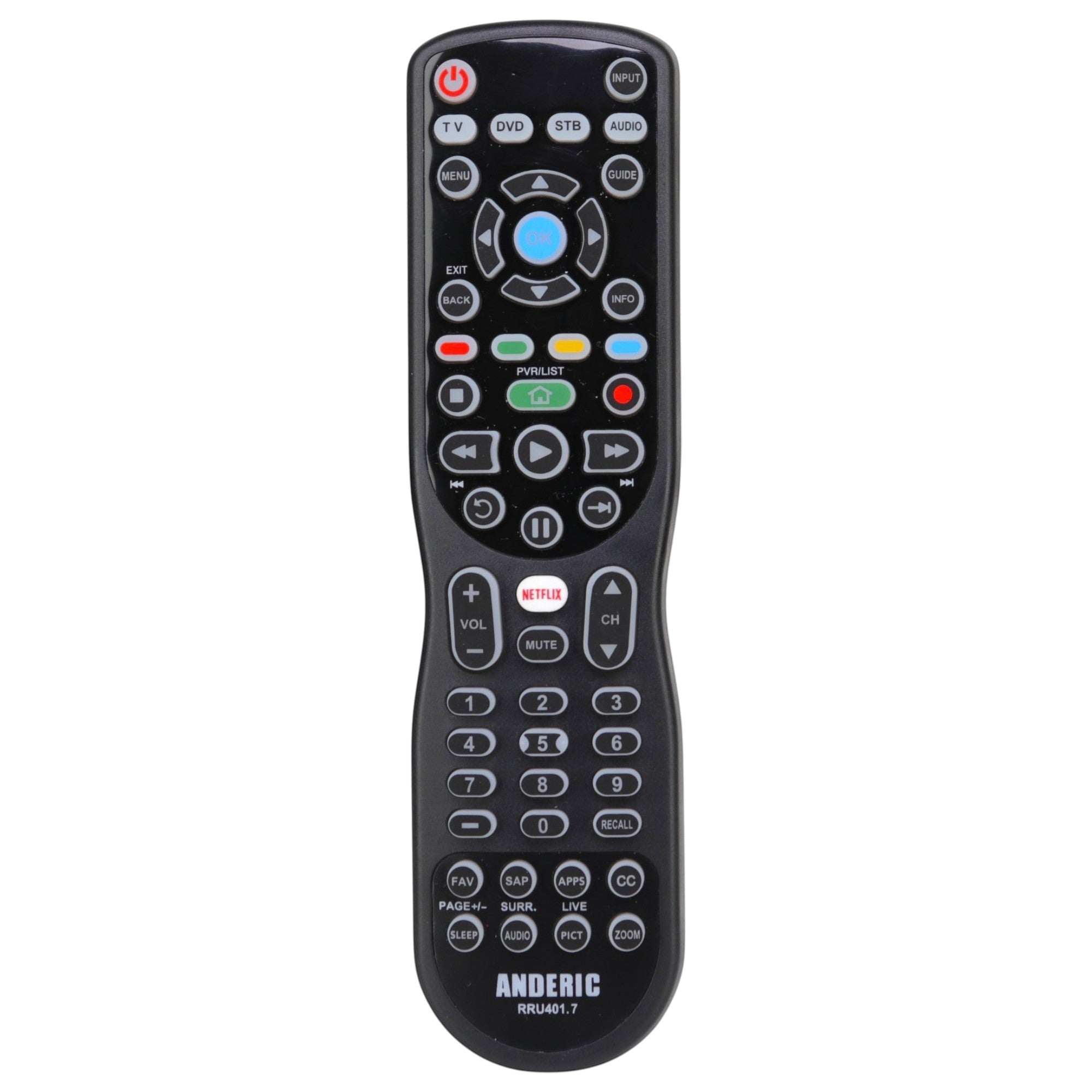 Anderic universal TV remote control with backlit keypad, dedicated Netflix and app buttons, and multi-device support.