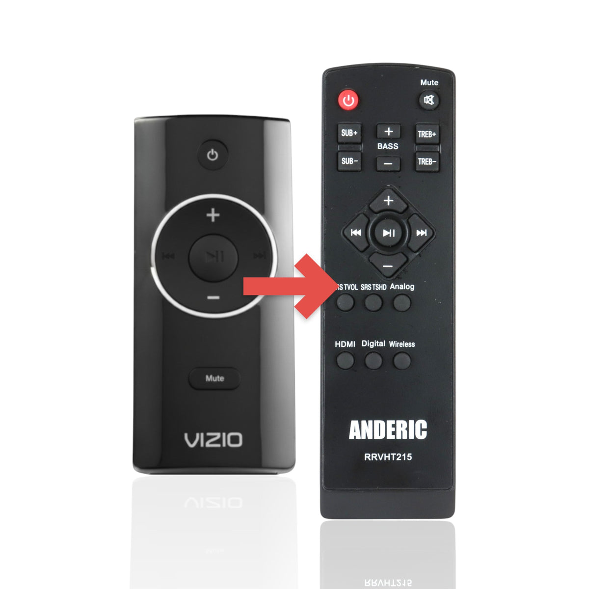Anderic RRVHT215 black replacement remote control for Vizio VHT510 home theater systems with circular navigation pad.