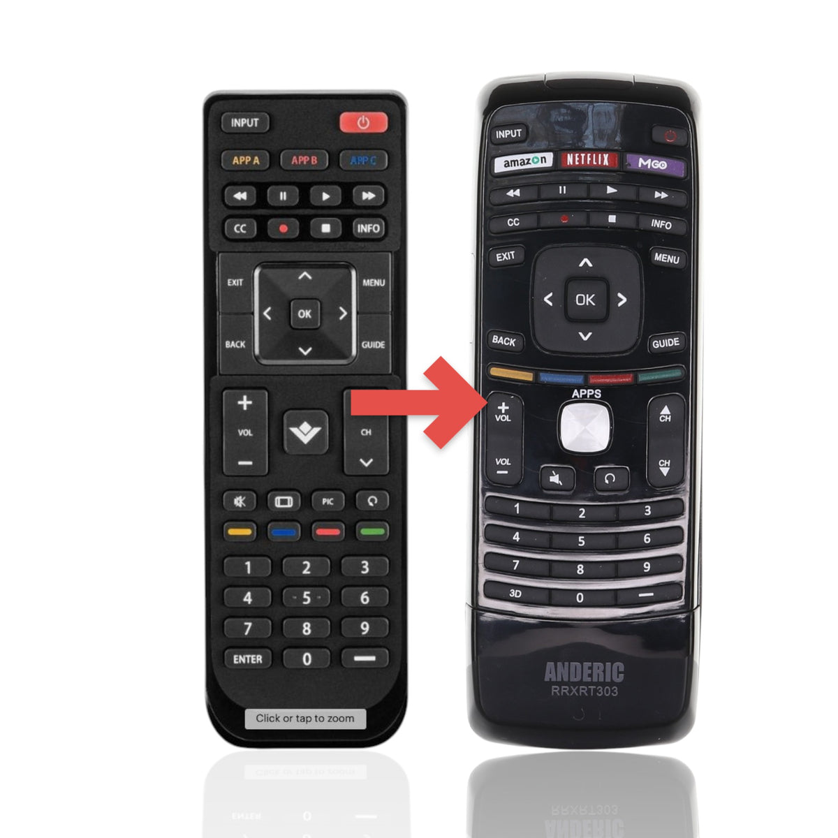 Anderic RRXRT303 black replacement remote control for Vizio TVs with dedicated app buttons and number pad