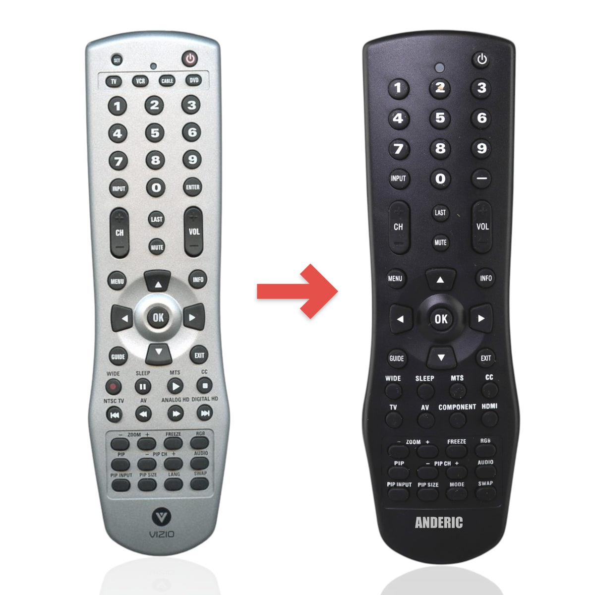 Anderic VR1 substitute remote control for Vizio TVs with silver finish and black buttons for full menu navigation.