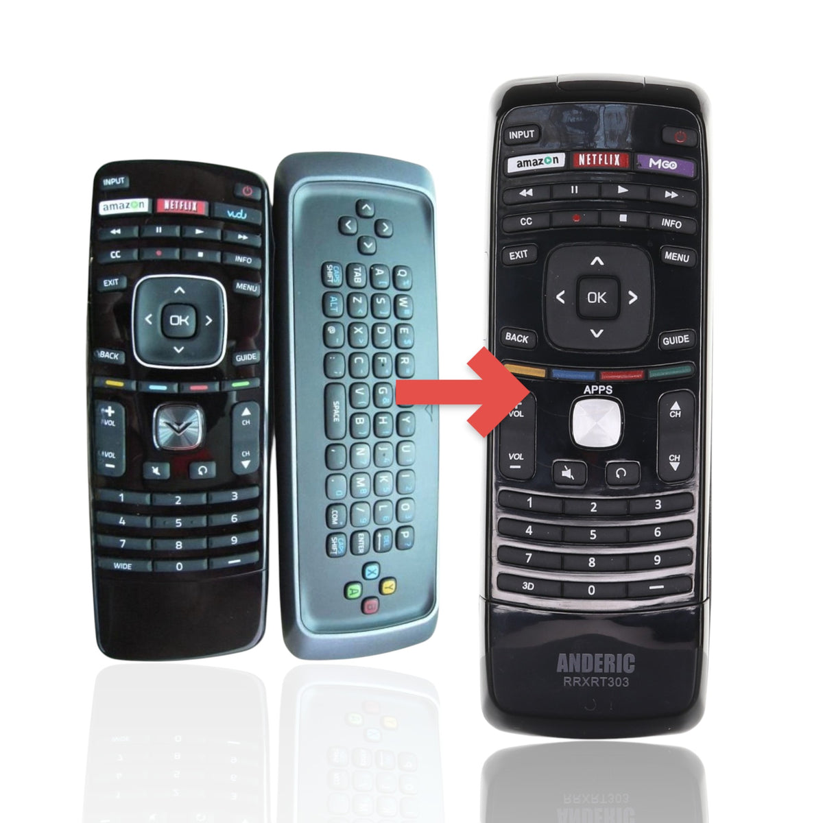 Anderic RRXRT303 replacement remote for Vizio TVs featuring dedicated streaming buttons and a full QWERTY keyboard.