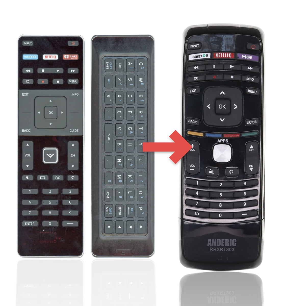 Anderic RRXRT303 black TV remote control for Vizio TVs with dedicated XUMO, Netflix, and Amazon streaming buttons.