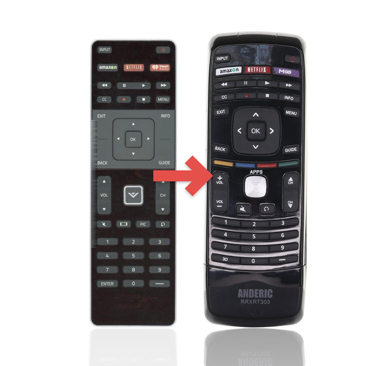 Anderic substitute remote control for Vizio XRT500 featuring a QWERTY keyboard and dedicated streaming app buttons.
