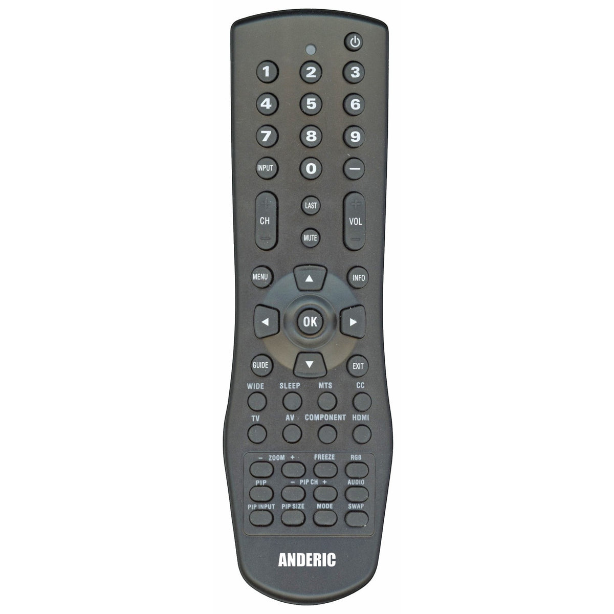 Anderic VR1 black remote control for Vizio TVs featuring a full numeric keypad and dedicated menu navigation buttons.