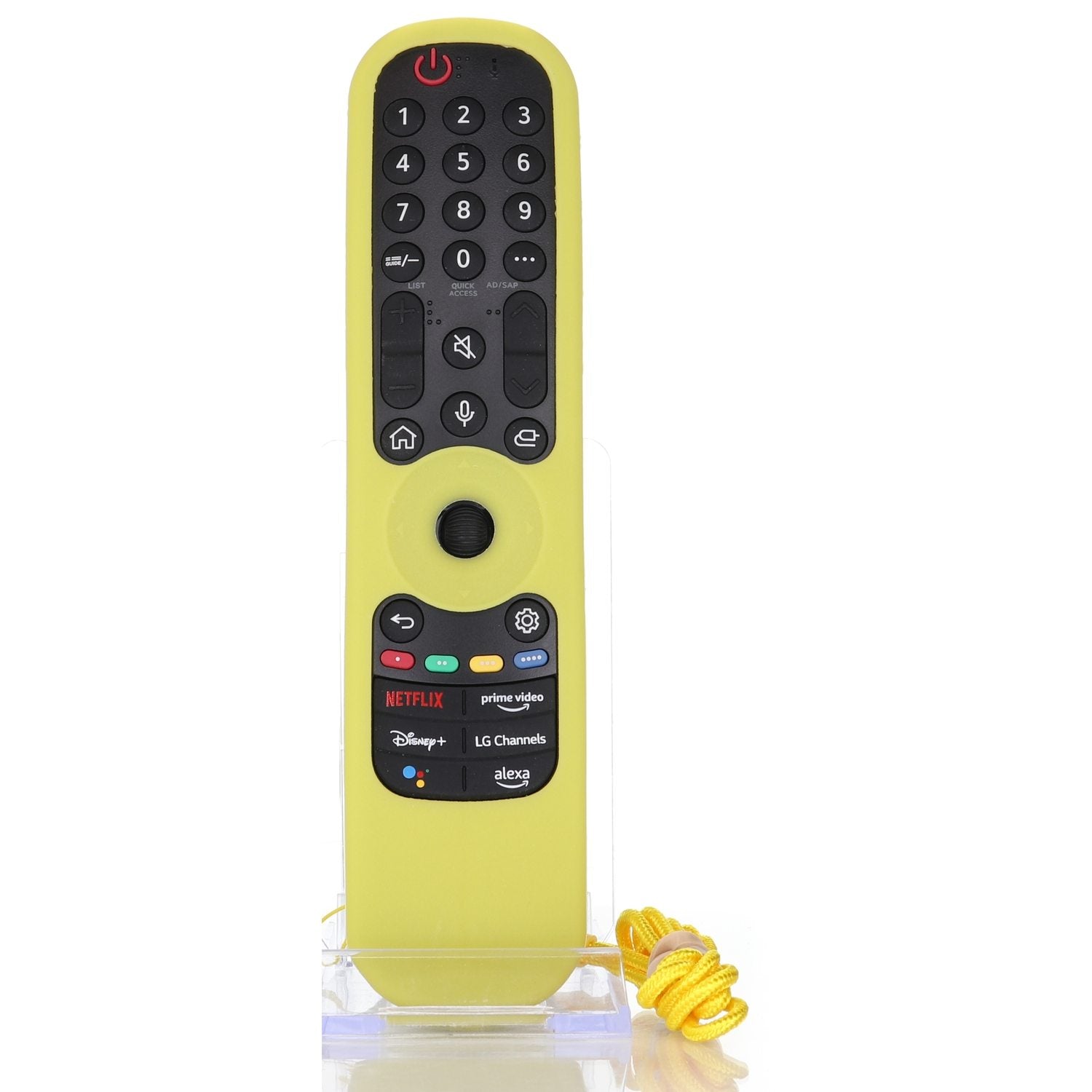 A yellow LG Smart TV Magic Remote in a clear holder features buttons for Netflix and Disney+. It includes a wrist strap and a silicone case, making it stylish and functional for your AN-MR21GA/AN-MR22GA remote needs.