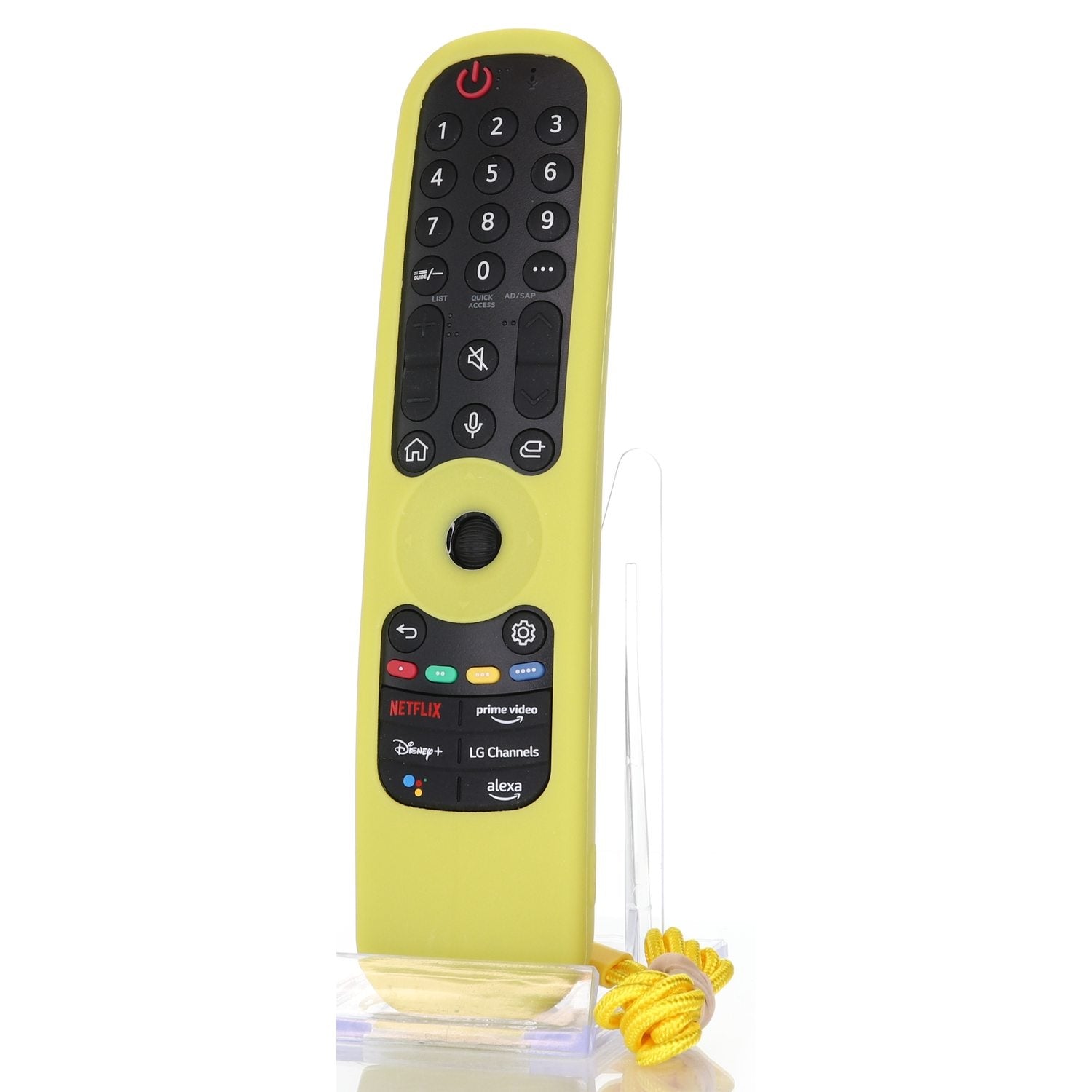 A yellow AN-MR21GA/AN-MR22GA LG Smart TV Magic Remote, with a silicone protective cover, standard numbers, streaming service shortcuts, and voice control, stands upright on a transparent stand.