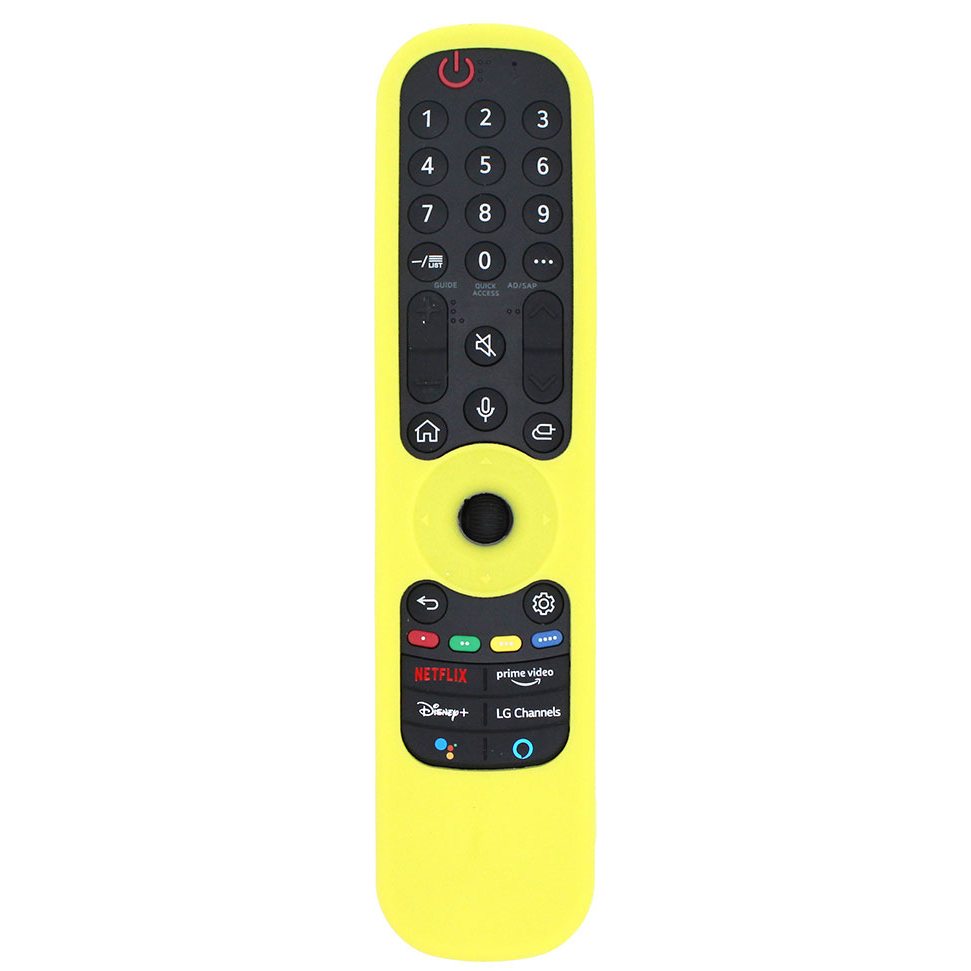 The AN-MR21GA / AN-MR22GA Remote Control Silicone Protective Case is a vibrant yellow cover for the LG Smart TV Magic Remote, featuring sleek black buttons for volume and channel control and convenient streaming service shortcuts.