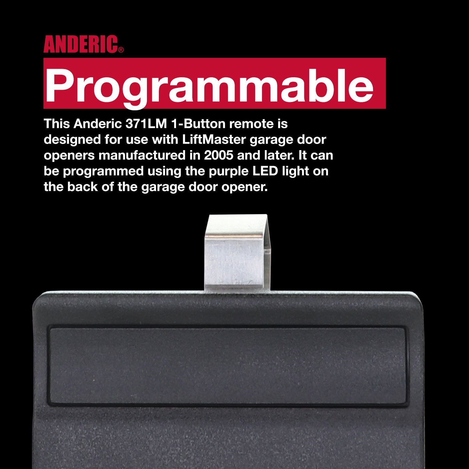 Télécommande d'ouverture de porte de garage Anderic 371LM 1 bouton 315 MHz pour Liftmaster avec clé d'apprentissage violette