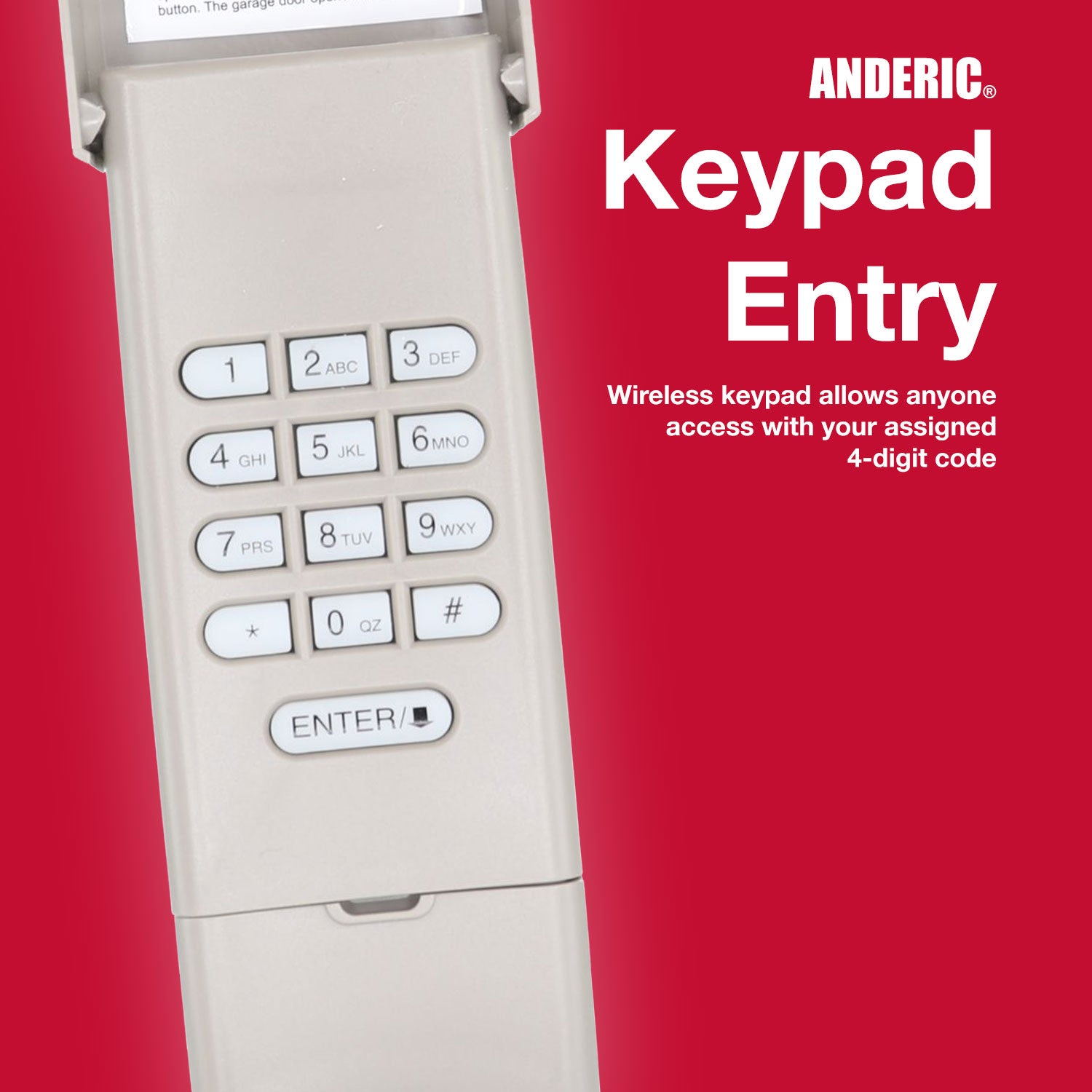 The red-background keypad features numeric buttons 0-9 and an "ENTER" button. The text reads: "Keypad Entry." This wireless Anderic 877MAX Keypad is universally compatible, including with Liftmaster garage door openers.